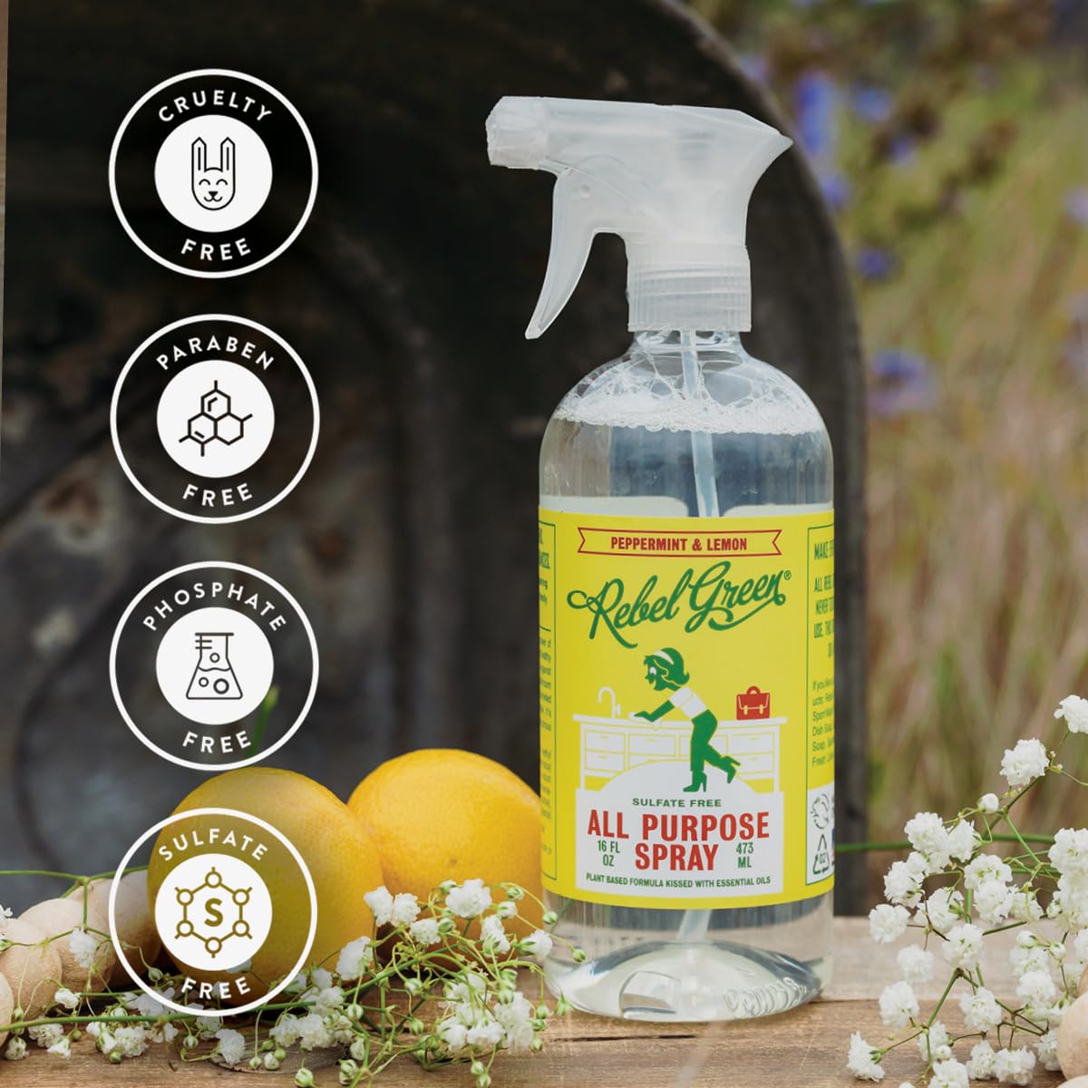 Rebel Green Natural All-Purpose Cleaning Spray with Essential Oils - Multi-Surface Cleaner for Kitchen, Bathroom & Floors - Safe for Kids & Pets - Eco-Friendly Peppermint Lemon Scent - 16oz (1 Pack) - Perfect for Daily Cleaning & Disinfecting in Homes & Offices
