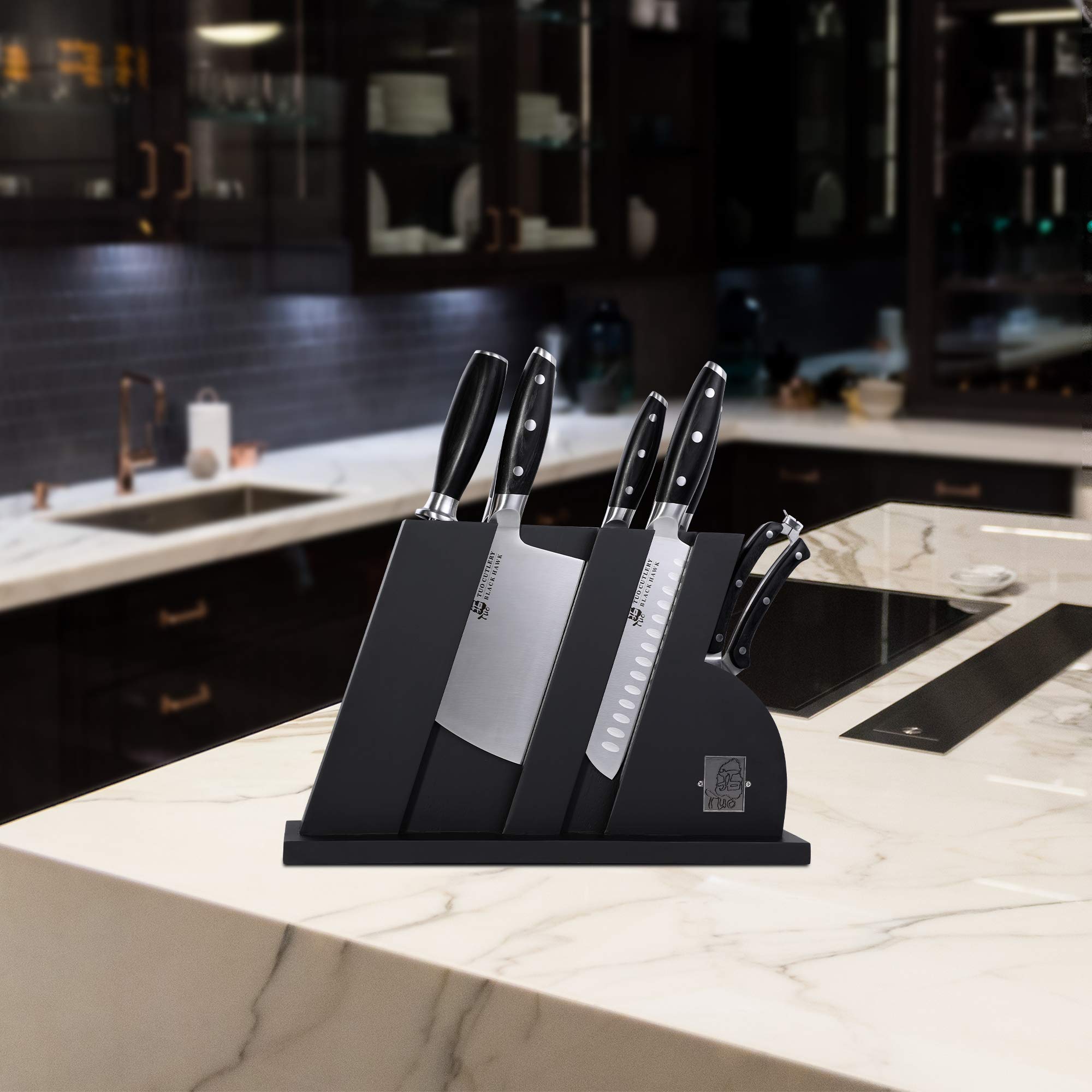 TUO Premium 8-Piece German Stainless Steel Kitchen Knife Set with Wooden Block - Includes Chef Knife, Paring Knife, Bread Knife, Steak Knives, Honing Steel & Shears - Ergonomic Pakkawood Handle Black Hawk Series (Gift Box) - Perfect for Home Chefs, Cooking Enthusiasts & Professional Kitchens