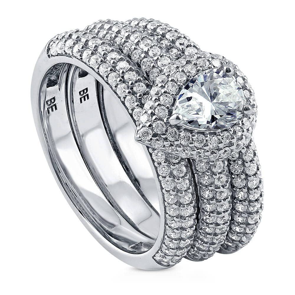 BERRICLE Sterling Silver Pear Cut Cubic Zirconia Halo Engagement Wedding Ring Set for Women - Rhodium Plated Size 4-10 | Elegant Bridal Jewelry, Anniversary Gift, Proposal Ring, Special Occasion Accessory