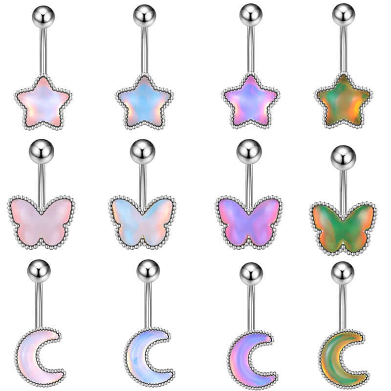 Glow in the Dark Belly Button Rings - Moon Star Design | Body Jewelry for Women | Perfect for Night Parties, Raves & Unique Fashion Looks