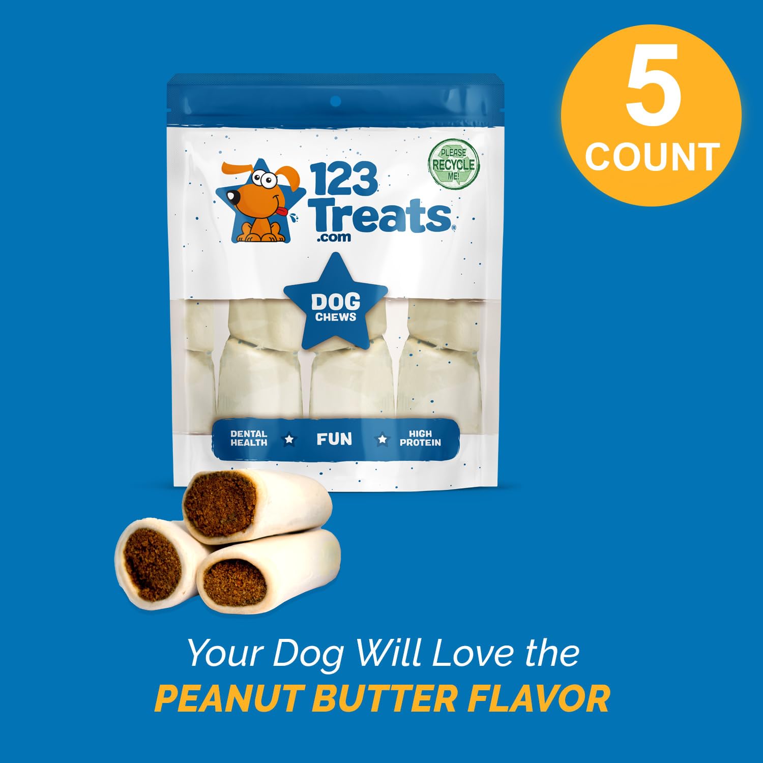 Healthy Peanut Butter Filled Dog Chews - Long Lasting Natural Cow Bone Treats for Medium & Large Dogs (3-4 Inch, 5 Count) | Individually Wrapped | Perfect for Training, Teething & Dental Health