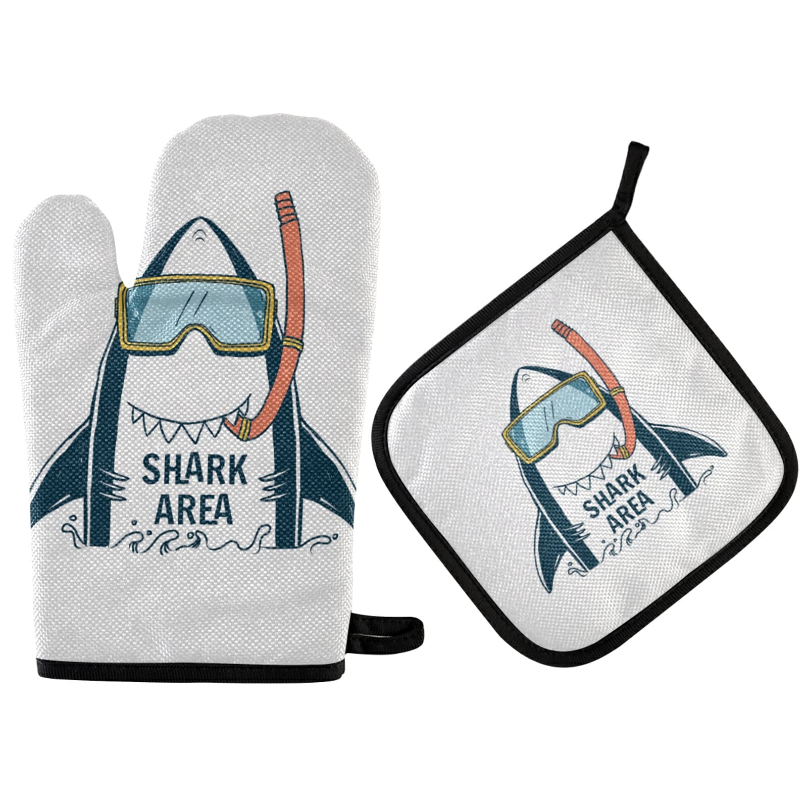 Shark Print Turquoise Diving Sunglasses Oven Mitts & Pot Holders Set - Non-Slip Heat Resistant Kitchen Gloves for Cooking, Baking, Grilling, BBQ - Perfect for Beach Parties, Poolside BBQs & Tropical Themed Events