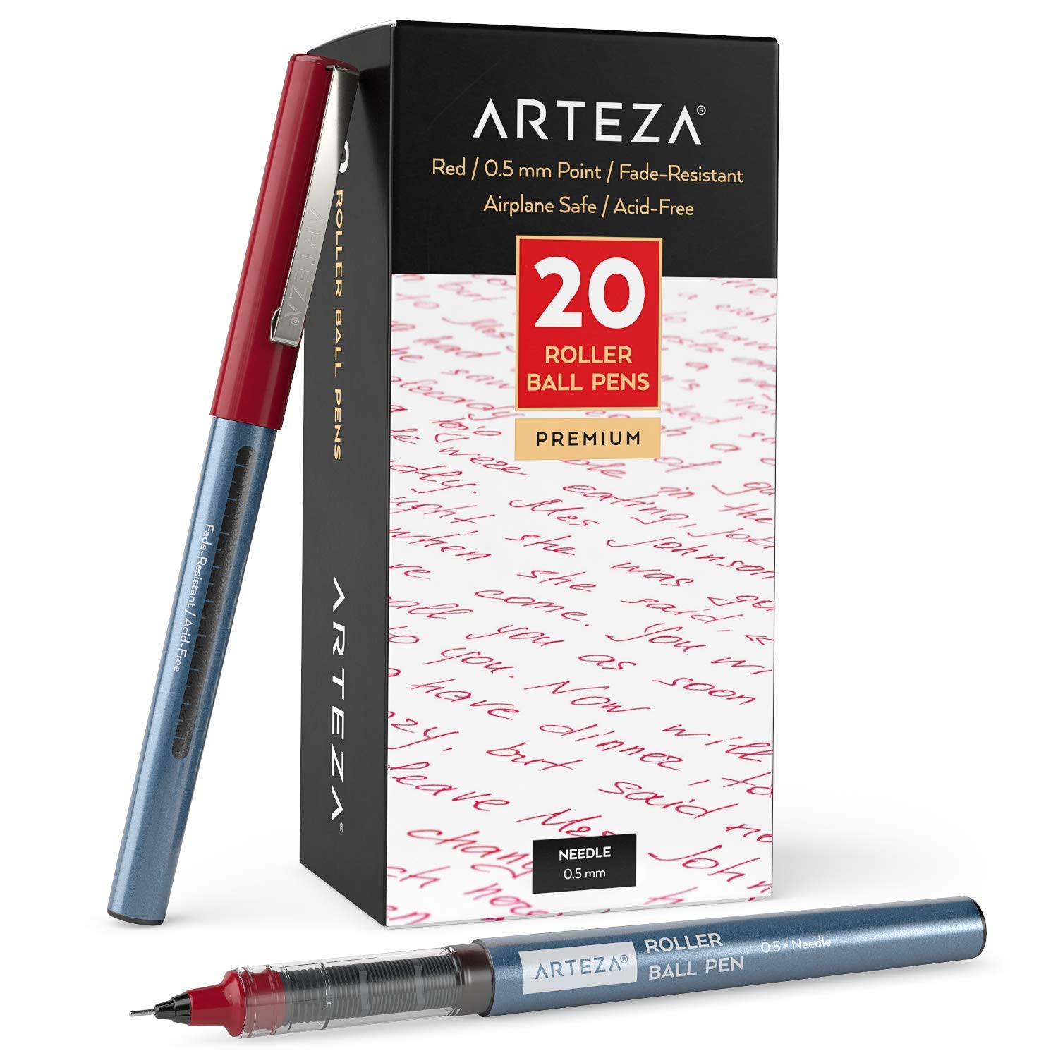 ARTEZA Fine Point Rollerball Pens - Set of 20 Red Liquid Ink Pens with 0.5mm Extra Fine Needle Tip for Precise Lines - Perfect for Journaling, Sketching & Note Taking