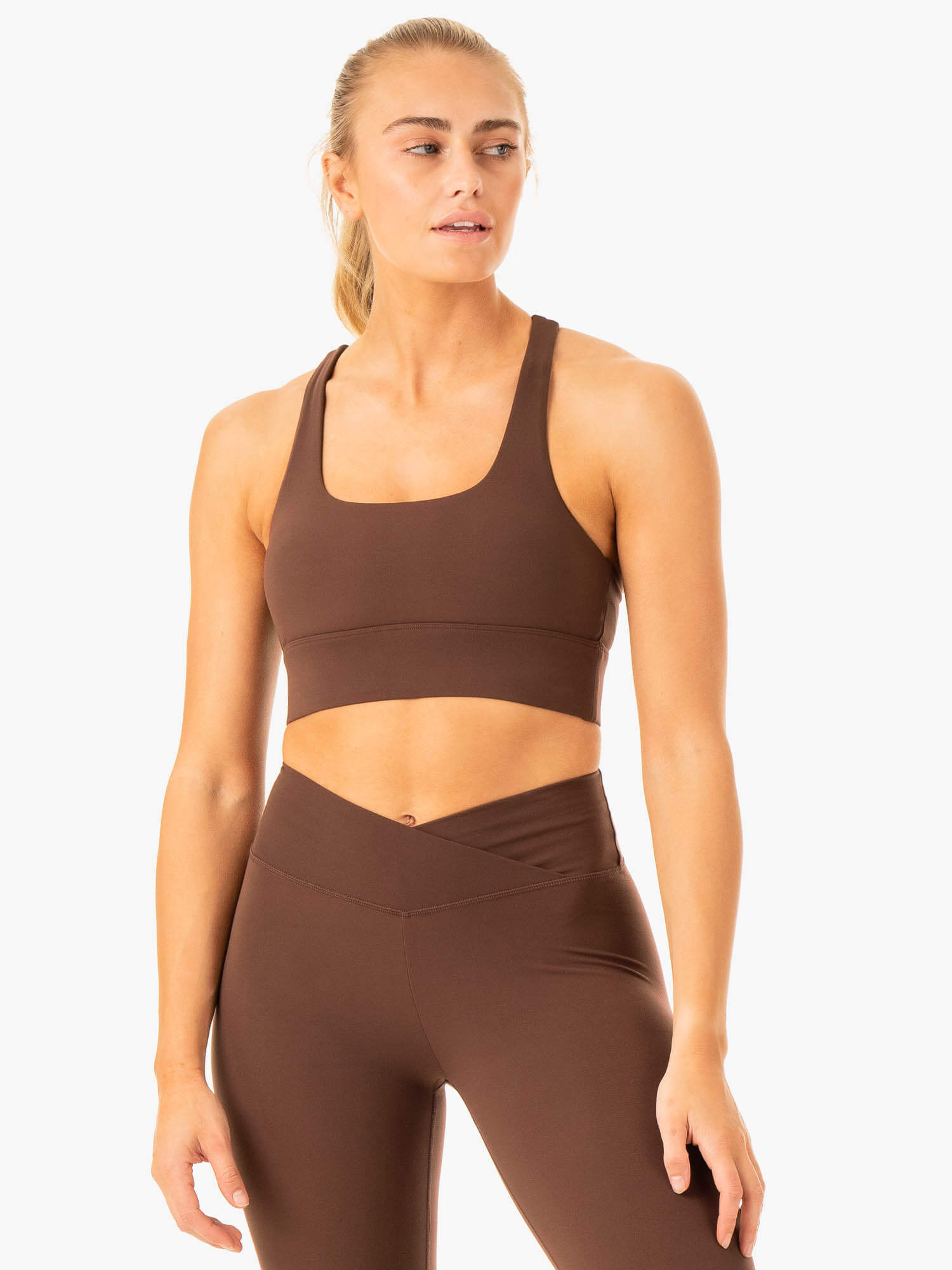 Flow Square Neck Sports Bra for Women - High Support Workout Top - Chocolate Brown - Perfect for Yoga, Running & Gym