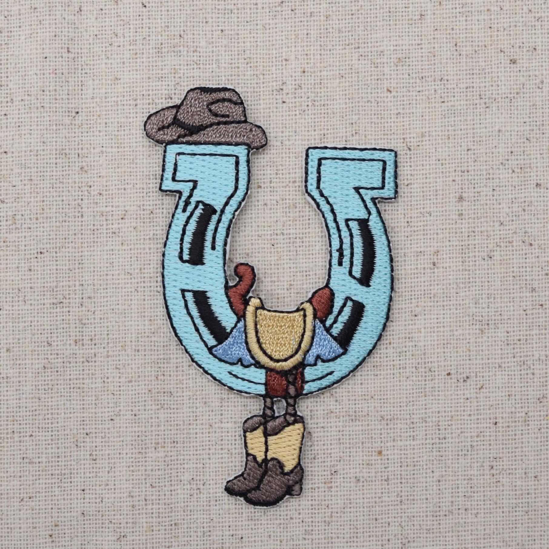 Western Horseshoe with Saddle, Cowboy Boots & Hat Embroidered Iron-On Patch (1 Pack) - Perfect for DIY Denim Jackets, Biker Vests & Western Costume Accessories