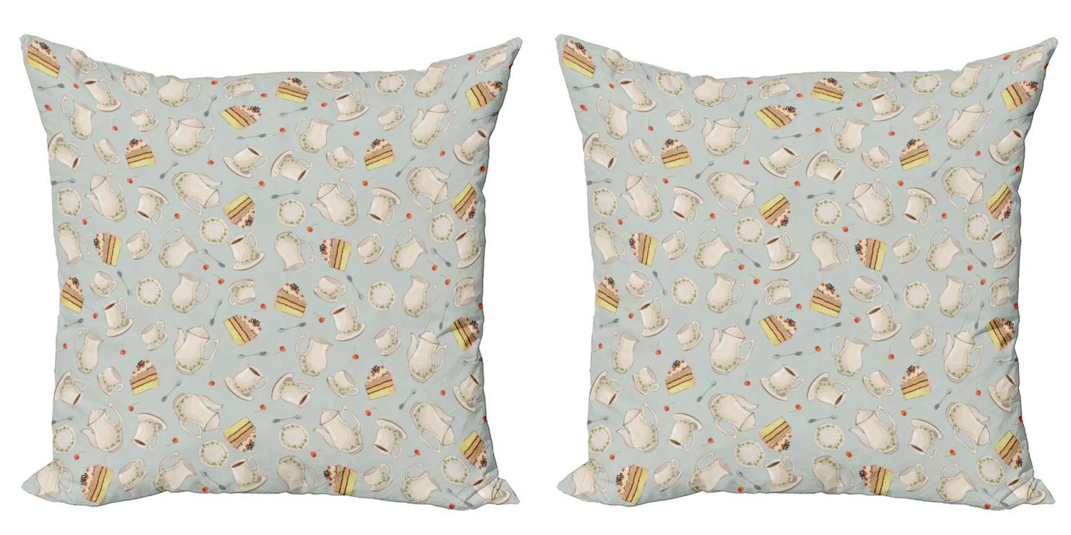 Ambesonne Tea Party Decorative Throw Pillow Covers Set of 2 - Vintage Teapot Coffee Pot & Cake Design - 18