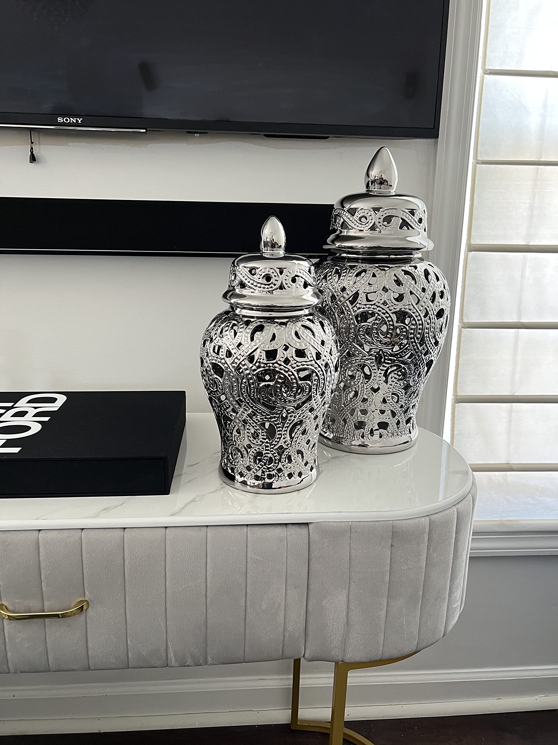 Noori Home - 100% Modern Glam Artisan Ceramic PARKER Medium Silver Ginger Jar Urns with Lid - 9.25x9.25x18 Inches - Elegant Home Decor for Living Room, Bedroom, Office & Wedding Centerpieces