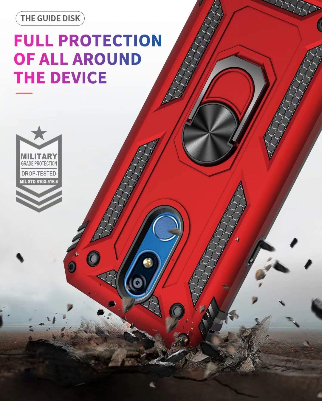 TJS Heavy Duty Magnetic Phone Case for LG Stylo 5/5 Plus/5V/5X - Defender Metal Ring with Kickstand (Red) | Perfect for Outdoor Activities, Work & Travel Protection