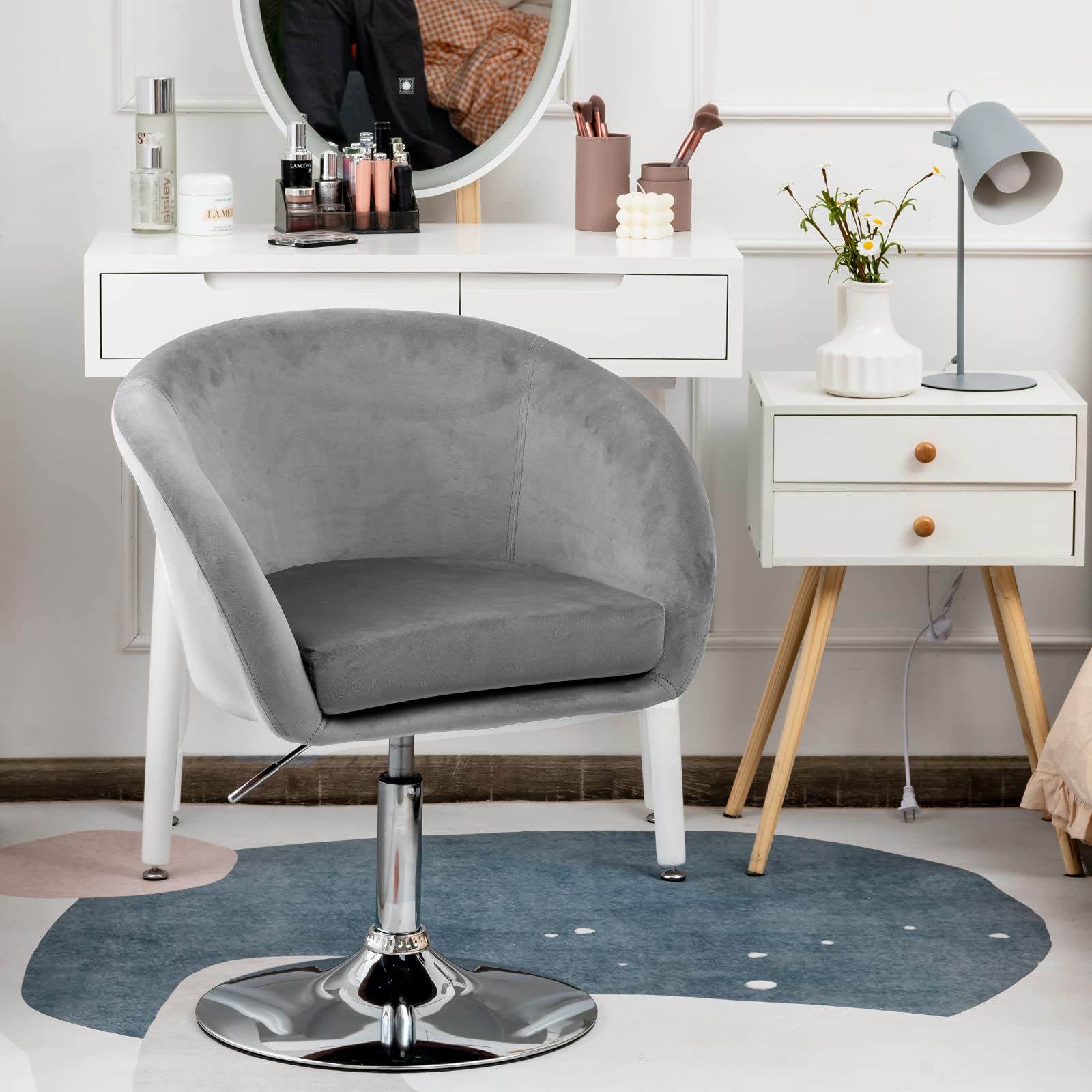 COSTWAY Adjustable Height Velvet Makeup Vanity Chair with Chrome Frame - Modern Round-Back Swivel Accent Chair for Bedroom, Living Room & Dressing Area - Soft Grey Upholstered Leisure Stool (Perfect for Makeup, Reading & Relaxing)