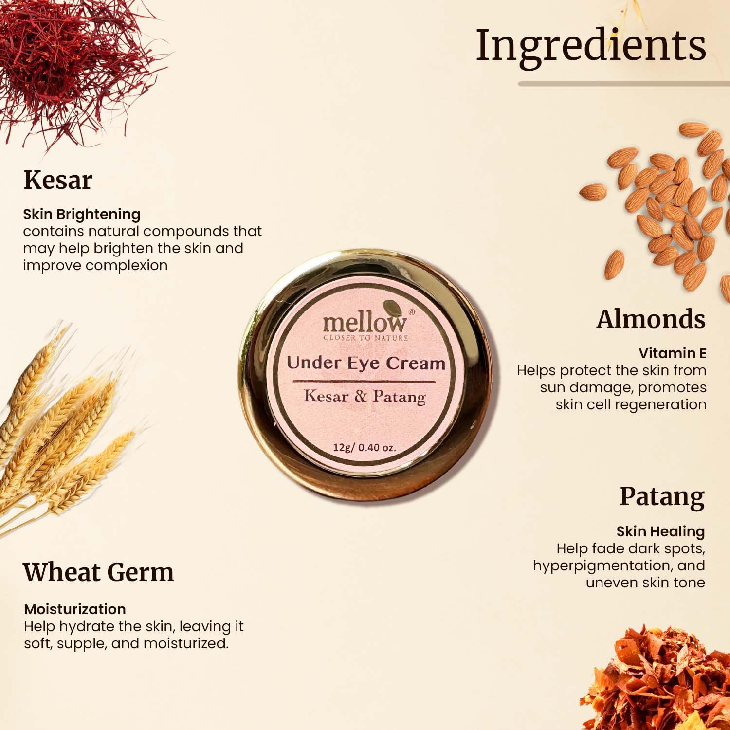 Mellow Herbals Ayurvedic Under Eye Cream (12Gm) for Dark Circles & Puffiness - Kesar, Patang & Kukumadi Oil Formula | Ayush Certified | GMO, Paraben & Silicone Free | Reduce Eye Bags & Brighten Skin | Perfect for Night Routine & Travel Skincare