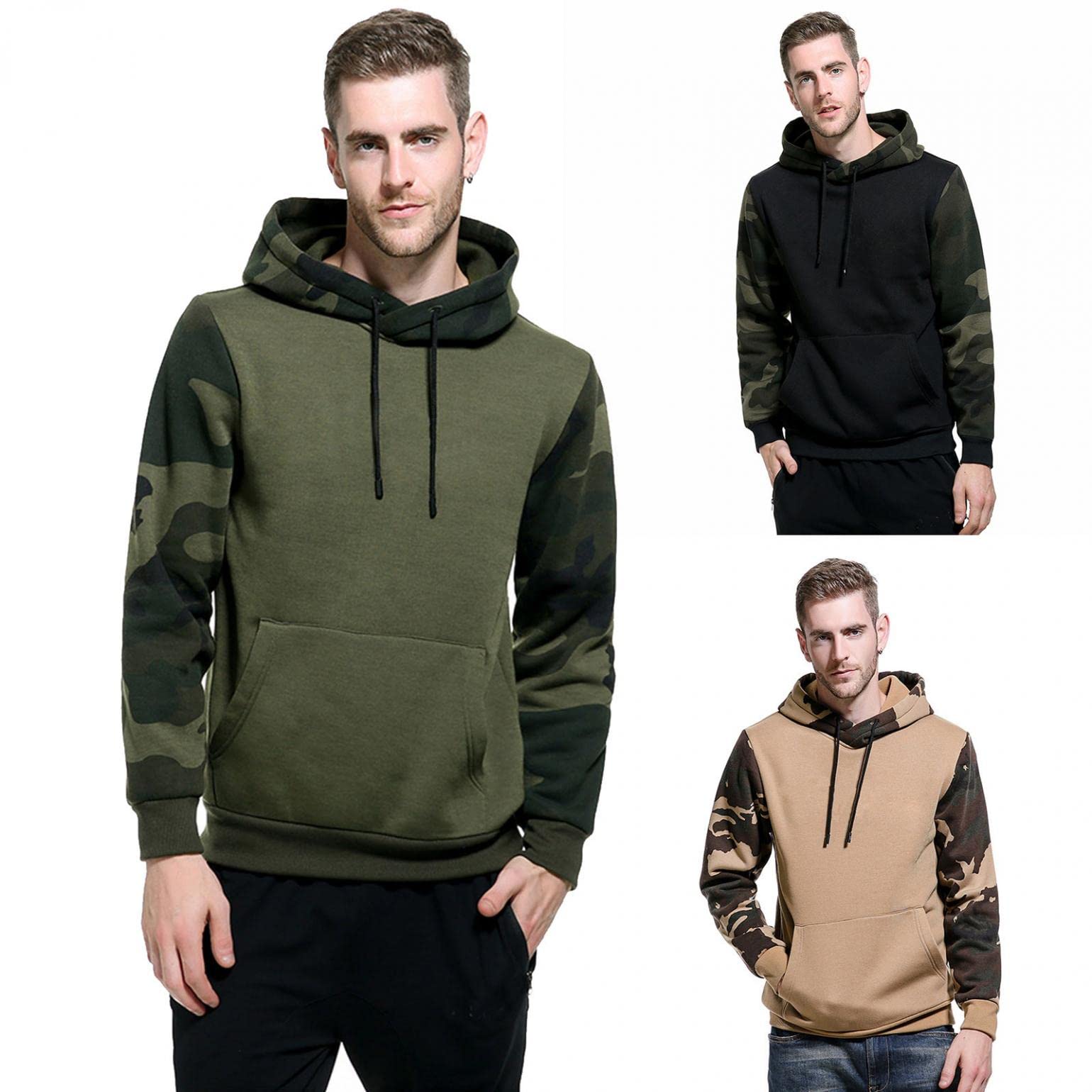 Men's Camouflage Stitching Hooded Sweatshirt - Long Sleeve Pullover with Pocket for Casual Wear & Outdoor Sports | Comfortable & Stylish Hoodie for Gym, Hiking, and Everyday Use