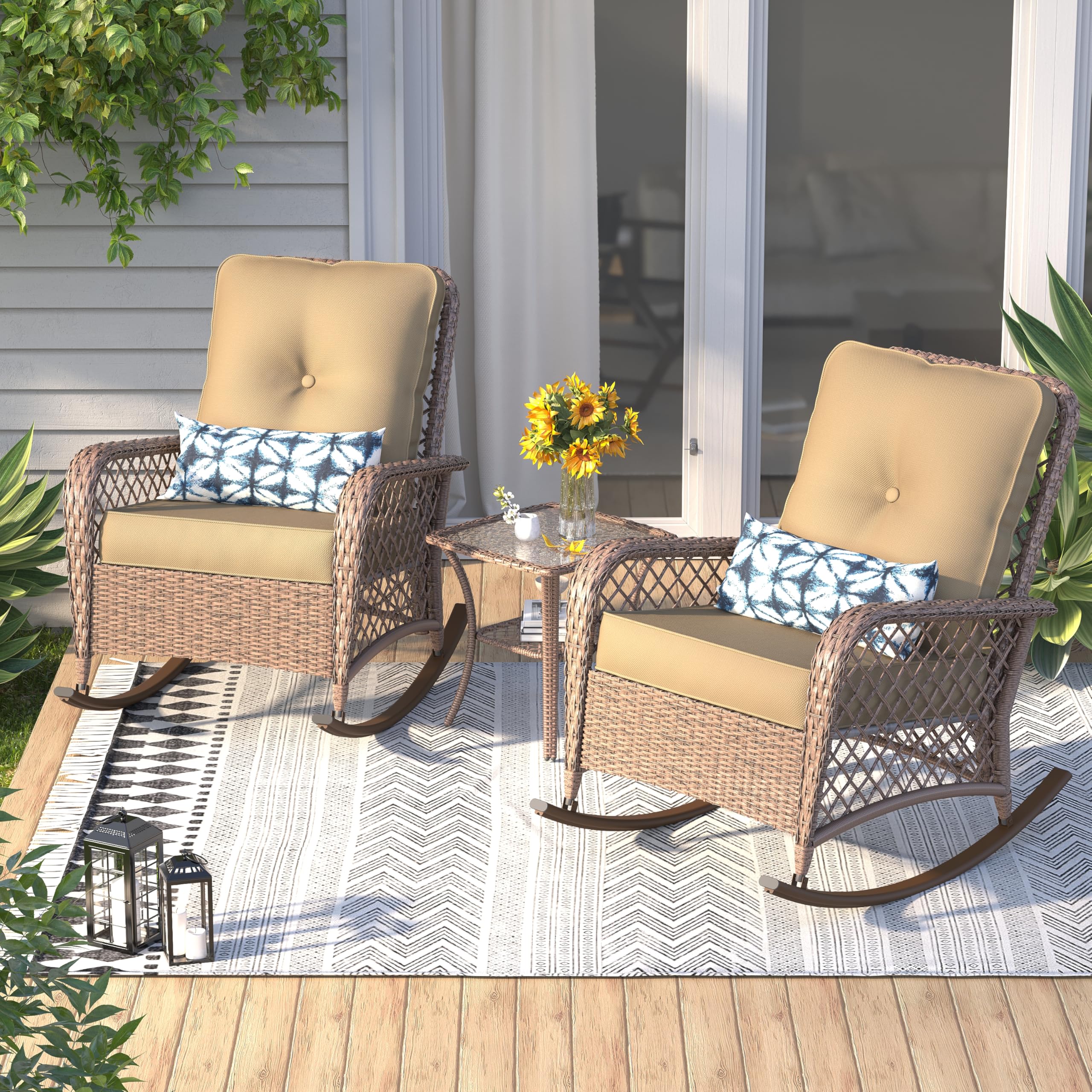 UDPATIO 3-Piece Wicker Patio Rocking Chair Set with Thick Cushions - 2 Outdoor Rockers & Side Table - Brown/Khaki - Perfect for Backyard, Porch, Balcony, Poolside Relaxation & Entertaining