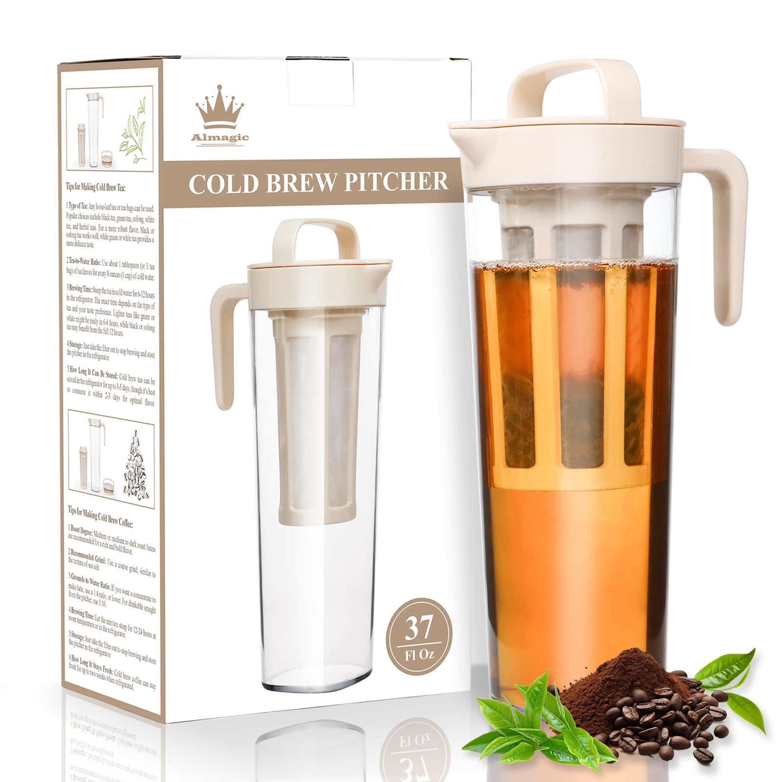 Cold Brew Tea & Coffee Maker - 37 Oz BPA-Free Pitcher with Durable Mesh Filter, Leakproof Lid & Ergonomic Handle - Perfect for Iced Tea, Cold Brew Coffee & Refreshing Summer Drinks - Great for Home, Office & Outdoor Use