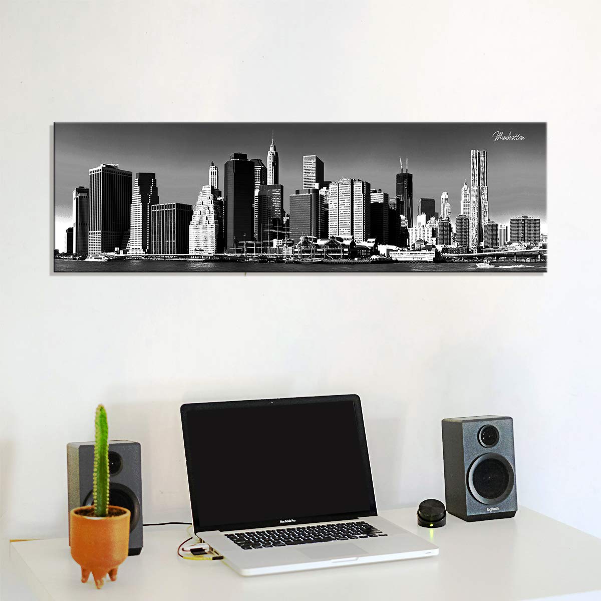 New York City Canvas Wall Art - Manhattan Skyline Panoramic Poster, Black & White Urban Landscape Painting (12x36
