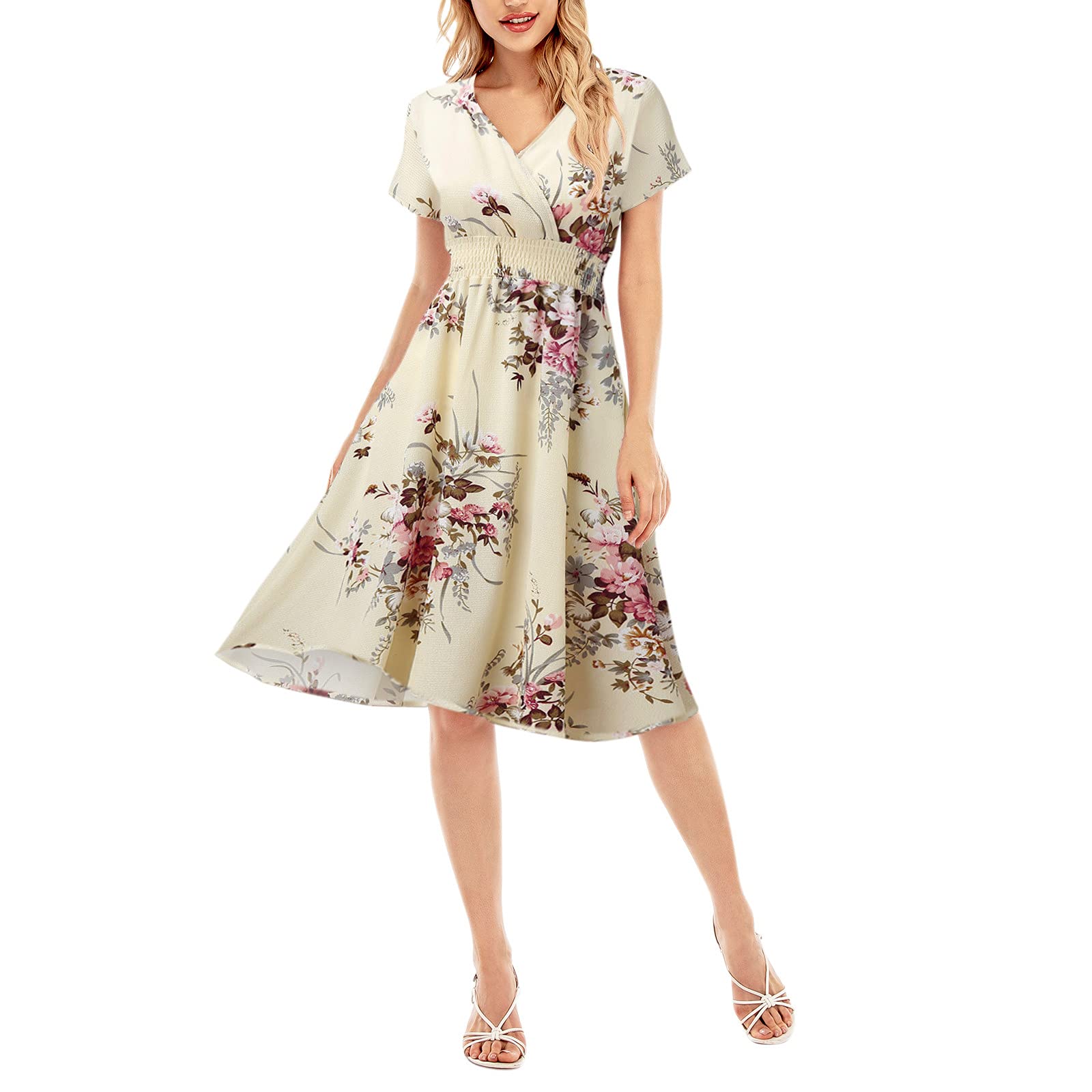 Floral Summer Dresses for Women - Plus Size Short Sleeve V-Neck Sun Dress, Casual Party Tunic Midi Dress | Perfect for Beach Vacations, Garden Parties & Summer Outings