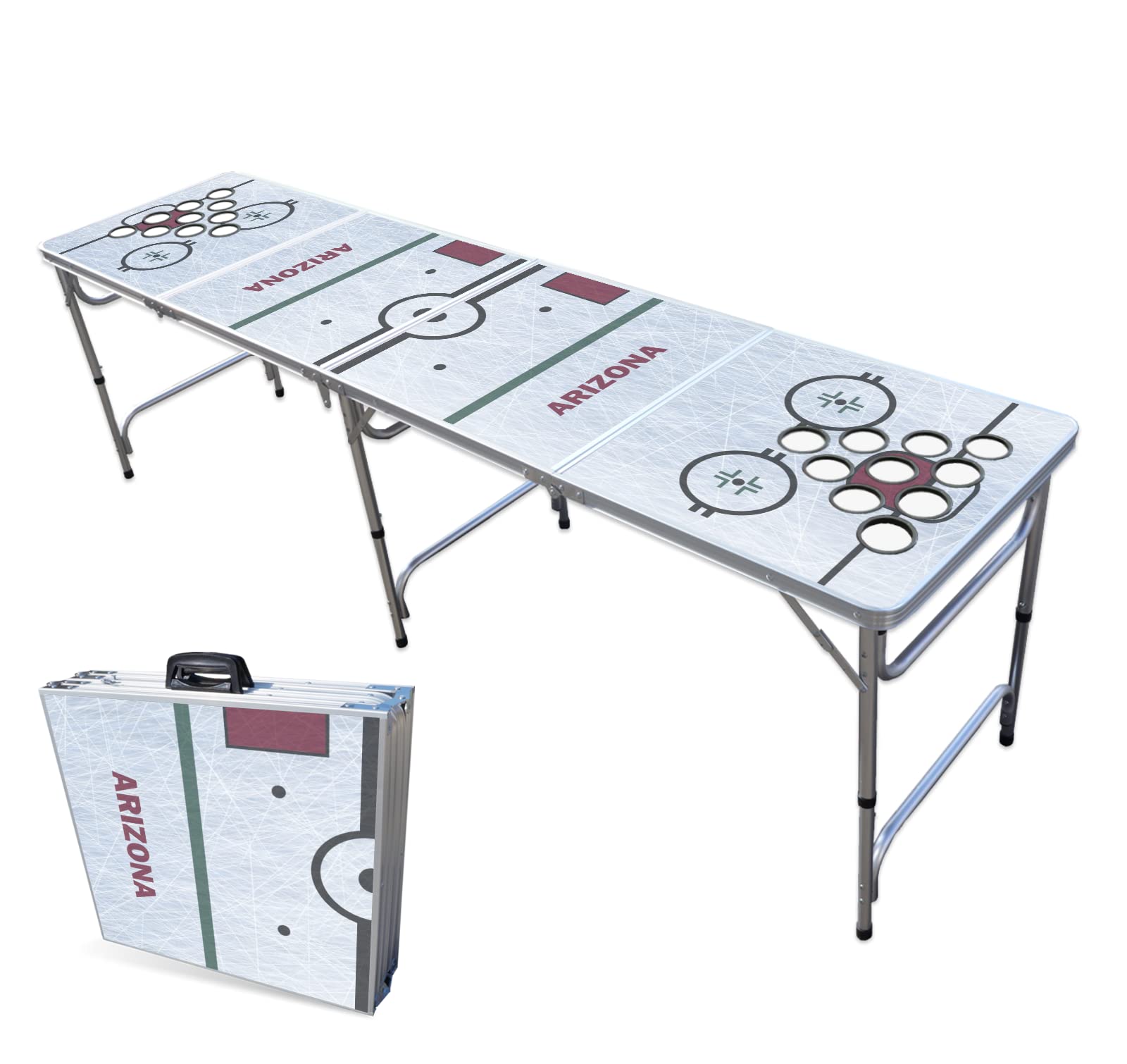 8-Foot Folding Portable Beer Pong Table with LED Lights & Optional Cup Holders - Arizona Hockey Rink Design for Outdoor Parties, Tailgates & College Events (Multiple Models Available)