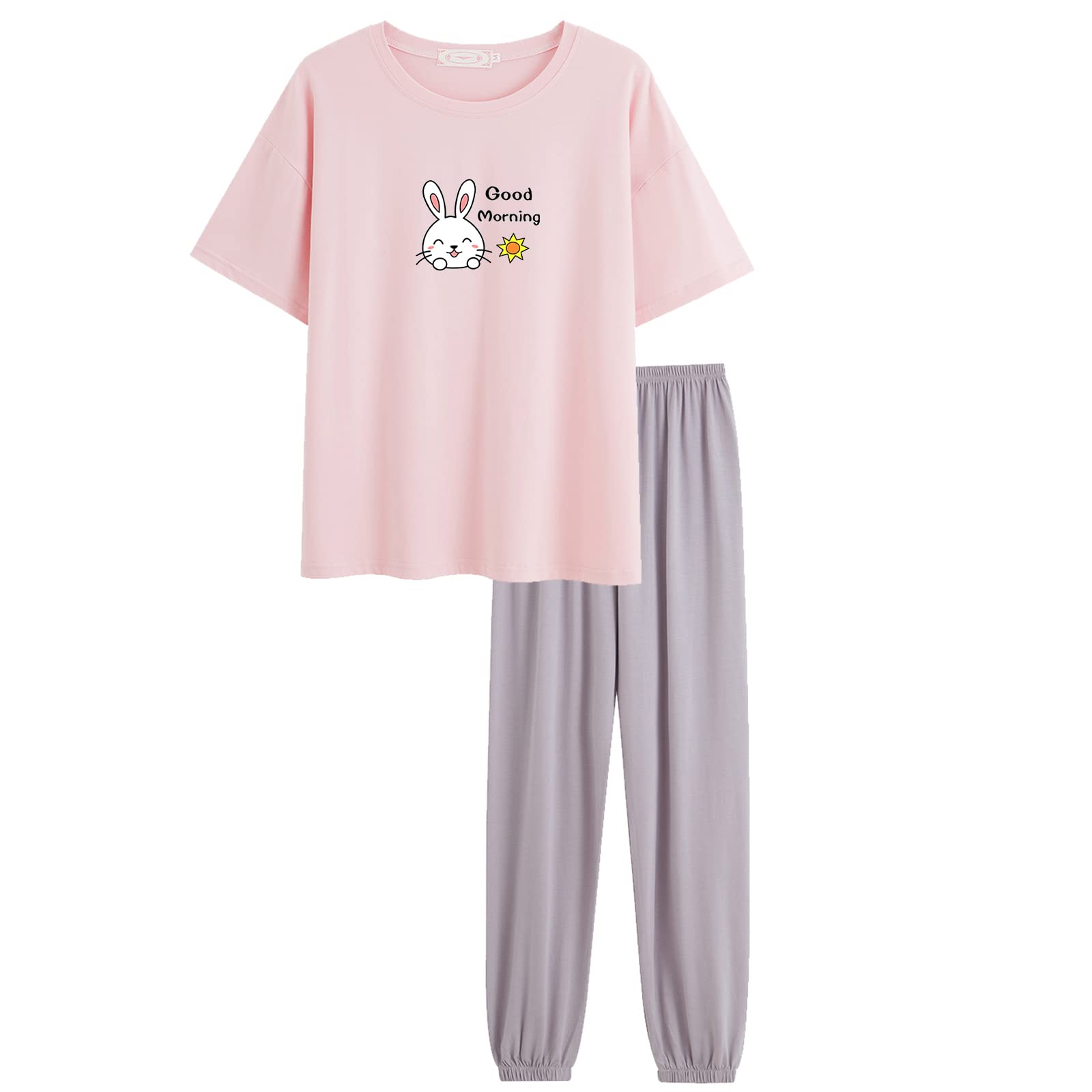 Cute Bunny Loungewear Set for Women - Trendy Animal Print Pajama Set with T-Shirt & Long Pants | Soft Cotton Sleepwear for Home, Lounge & Relaxation