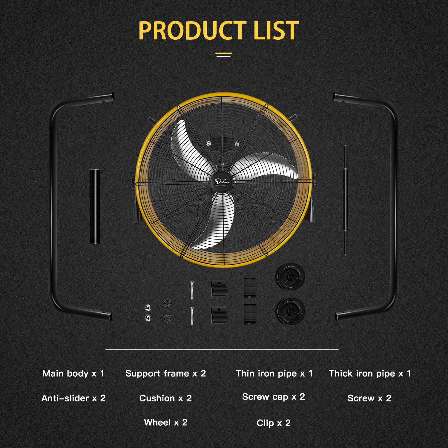 Simple Deluxe 24 Inch High Velocity Drum Fan - 3 Speed Industrial Air Circulator for Warehouse, Greenhouse, Workshop, Patio, Factory & Basement | Yellow Heavy Duty Cooling Fan for Ventilation & Airflow