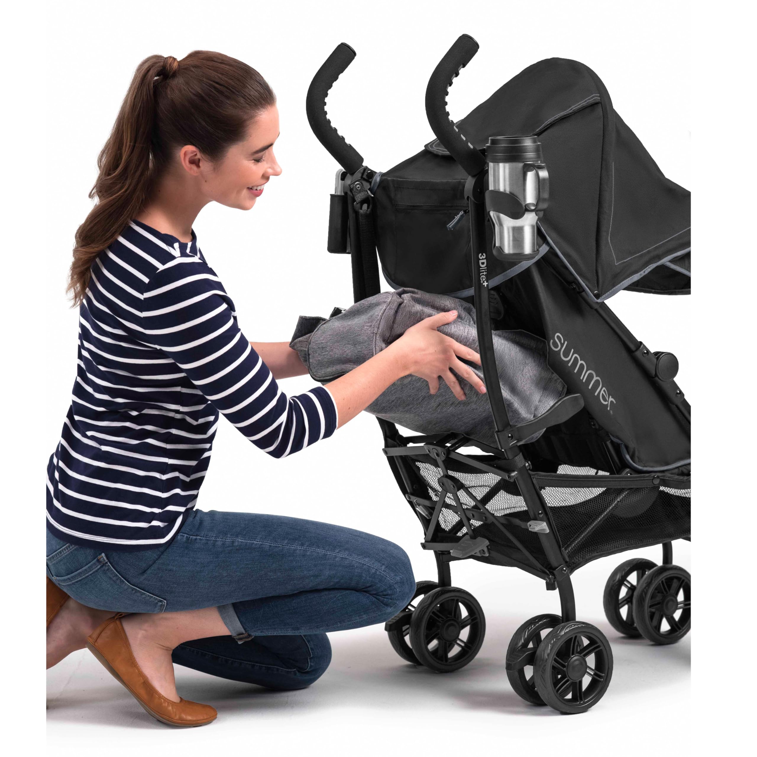 Summer Infant 3Dlite+ Lightweight Umbrella Stroller - Compact Fold, Oversized Canopy & Extra Storage - Black | Perfect for Travel, Shopping & Everyday Use