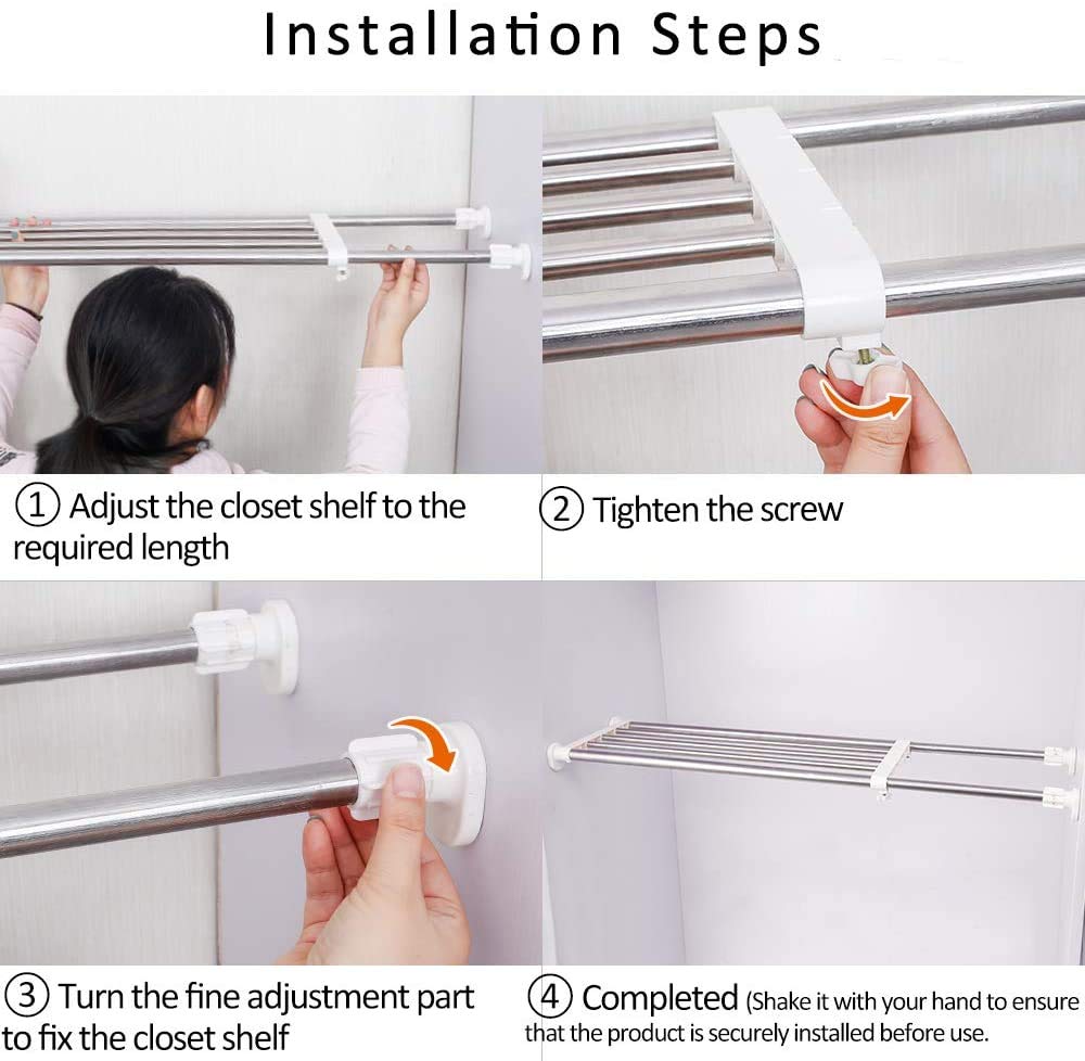 BAOYOUNI Heavy Duty Expandable Closet Shelf Organizer - Stainless Steel Storage Rack with Tension Rod (39.76-60.04 Inch, Ivory) - Perfect for Bedroom, Closet, Pantry & Laundry Room Organization