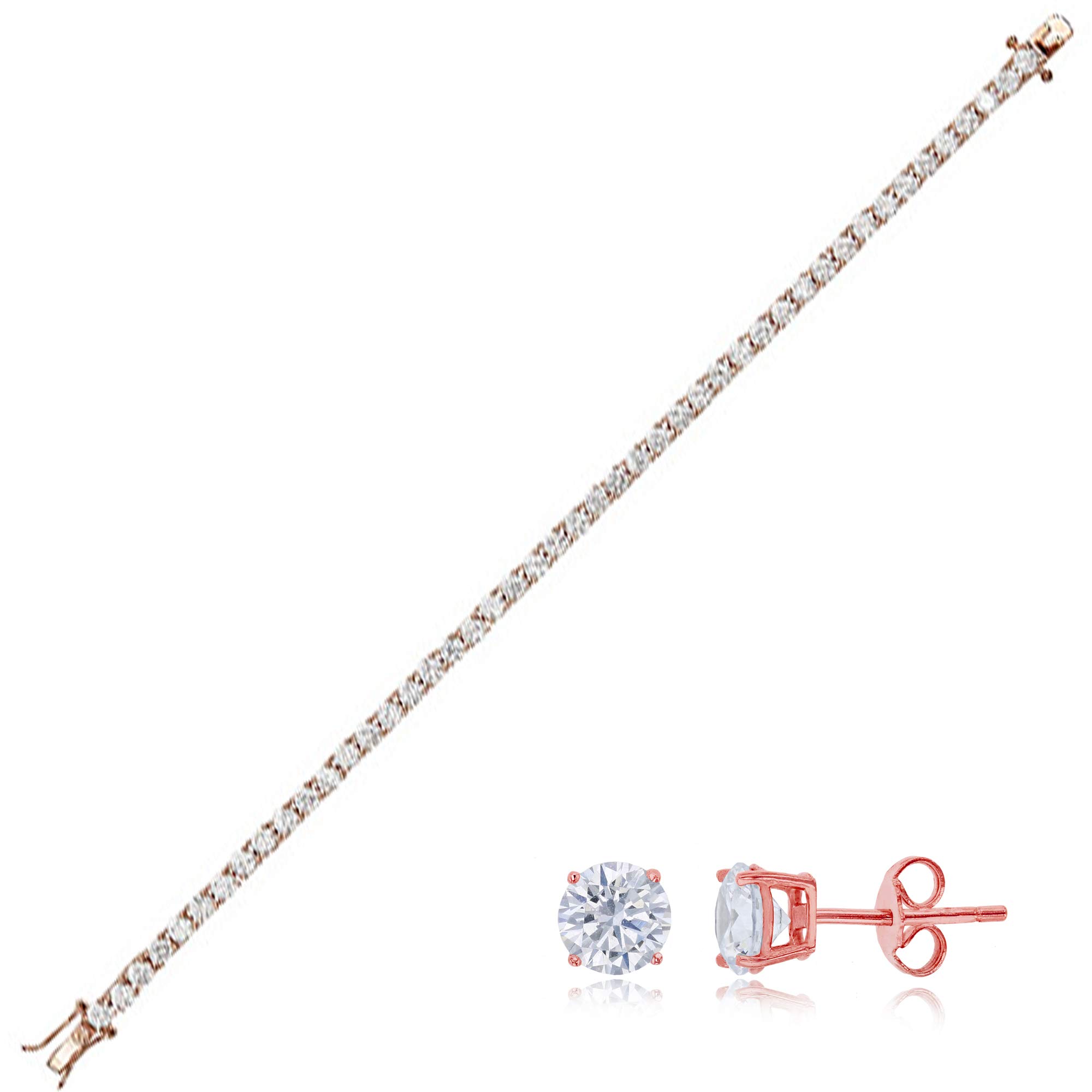 Sterling Silver Rose Gold 3.5mm Round Prong Set Tennis Bracelet & 6mm Solitaire Stud Earring Set - Elegant Jewelry Gift for Women, Perfect for Weddings, Anniversaries and Special Occasions