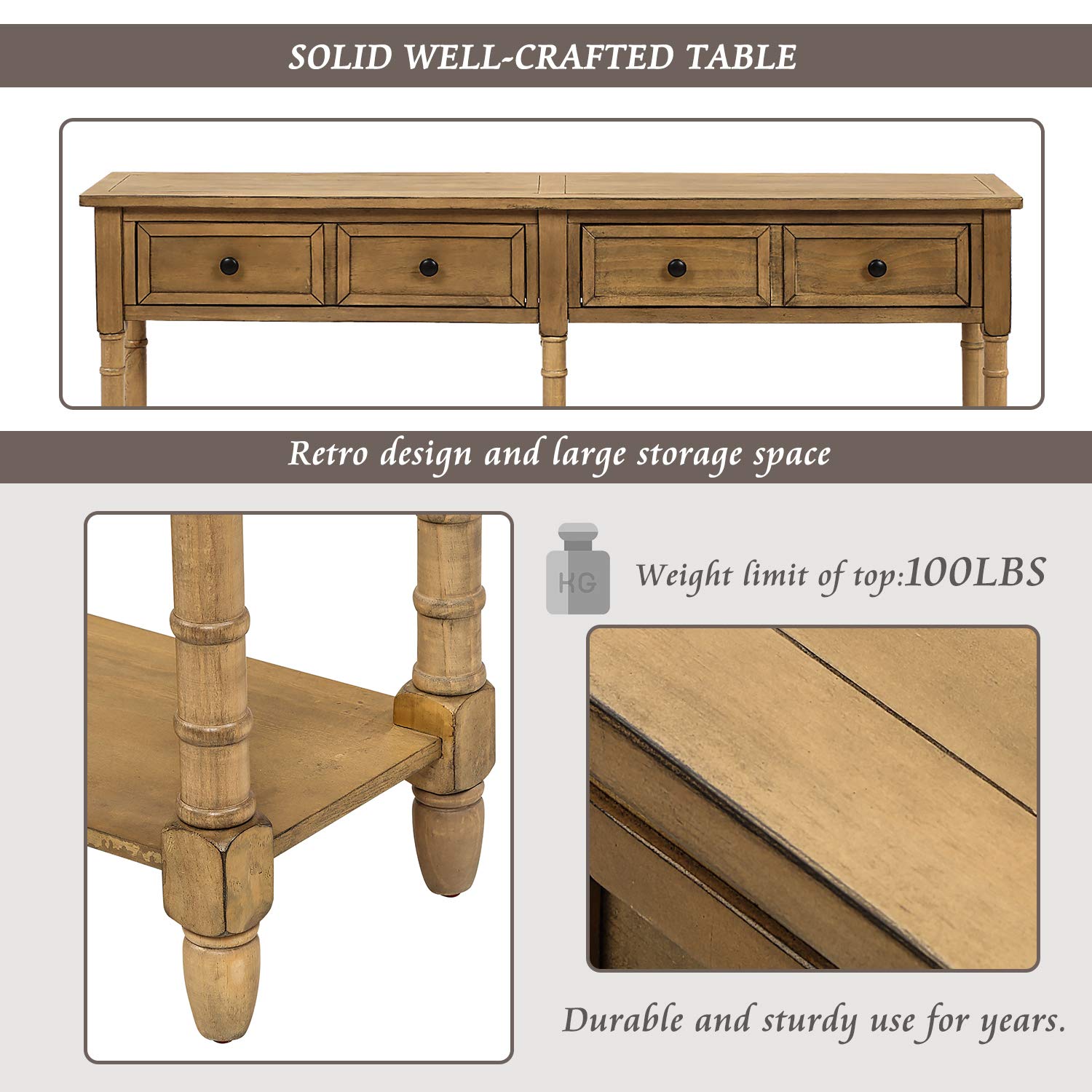 HOUAGI Entryway Console Table with 2 Storage Drawers & Bottom Shelf - Solid Wood Hallway Sofa Table for Living Room, Foyer - Easy Assembly (Old Pine) - Perfect for Small Spaces, Home Decor & Organizing Keys, Mail