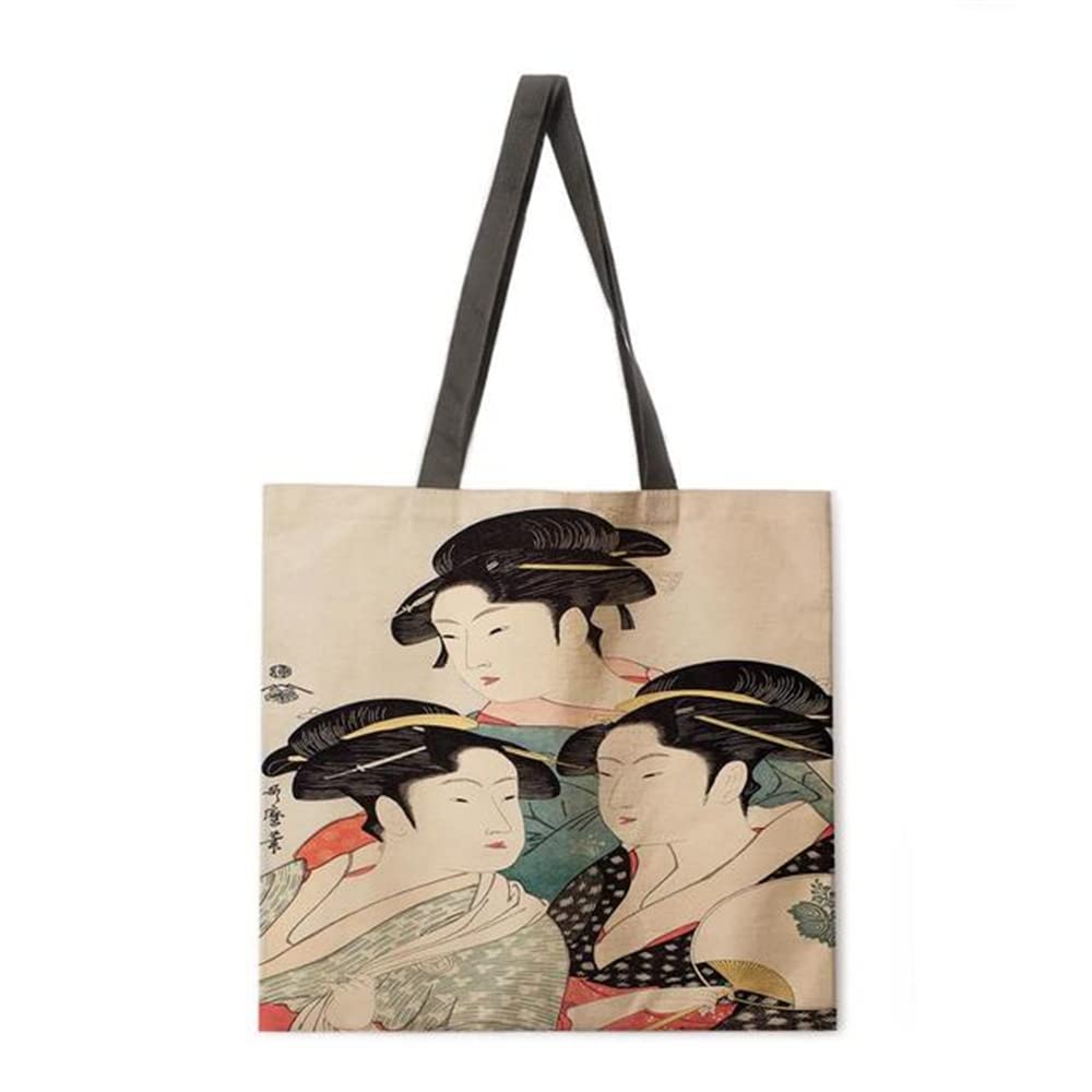 Japanese Style Ukiyoe Print Linen Canvas Tote Bags - Reusable Grocery Bags with Handles for Women, Eco-Friendly Shopping Bags & Fashion Accessories (Perfect for Groceries, Beach Trips & Daily Use)