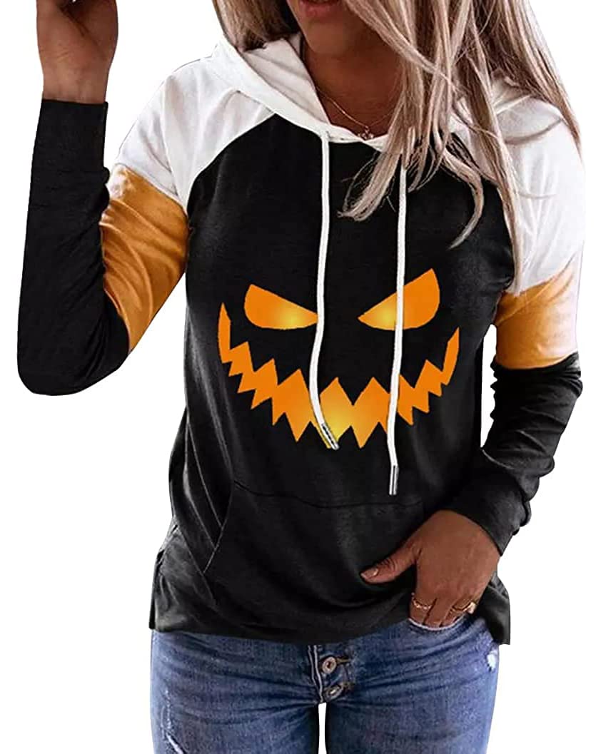 QIANRUO Women's Halloween Hoodie - Pumpkin Face Graphic Long Sleeve Color Block Pullover Shirt | Cute Fall Outfit for Pumpkin Patch, Halloween Party & Cozy Seasonal Fashion