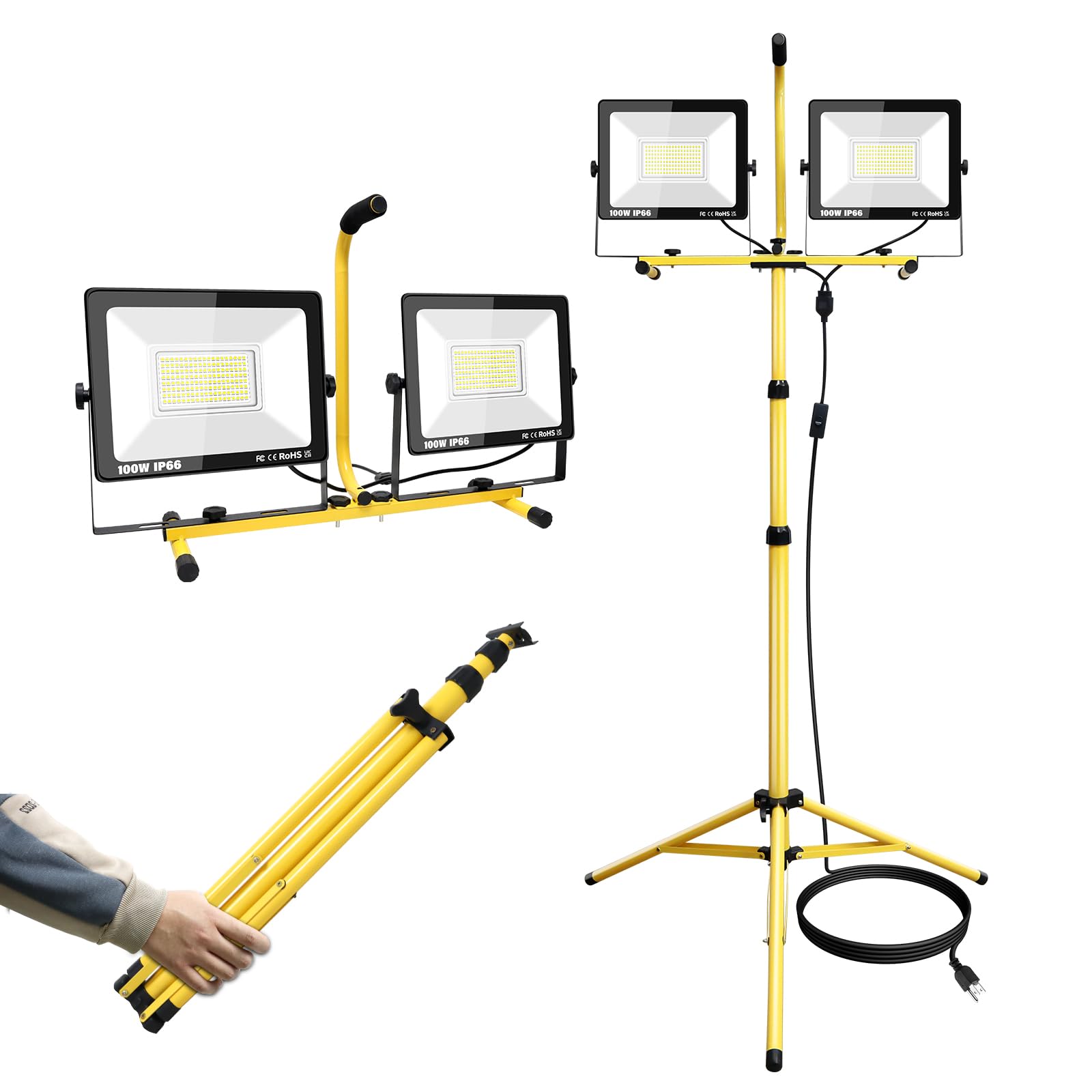 SKYWORLD 100W 10000 Lumen Dual Head LED Work Light with Adjustable Tripod Stand - Waterproof Portable Lighting for Construction, Garage, Workshop & Outdoor Projects - 16Ft Power Cord, Stable Telescoping Metal Base