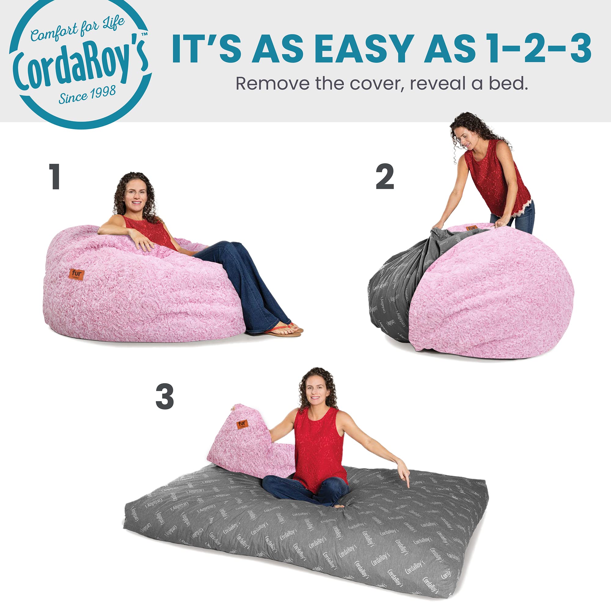 CordaRoy's Convertible Faux Fur Bean Bag Chair - Pink Youth Size | Foldable from Bean Bag to Lounger | As Seen on Shark Tank | Perfect for Kids' Rooms, Dorm Decor & Cozy Reading Nooks
