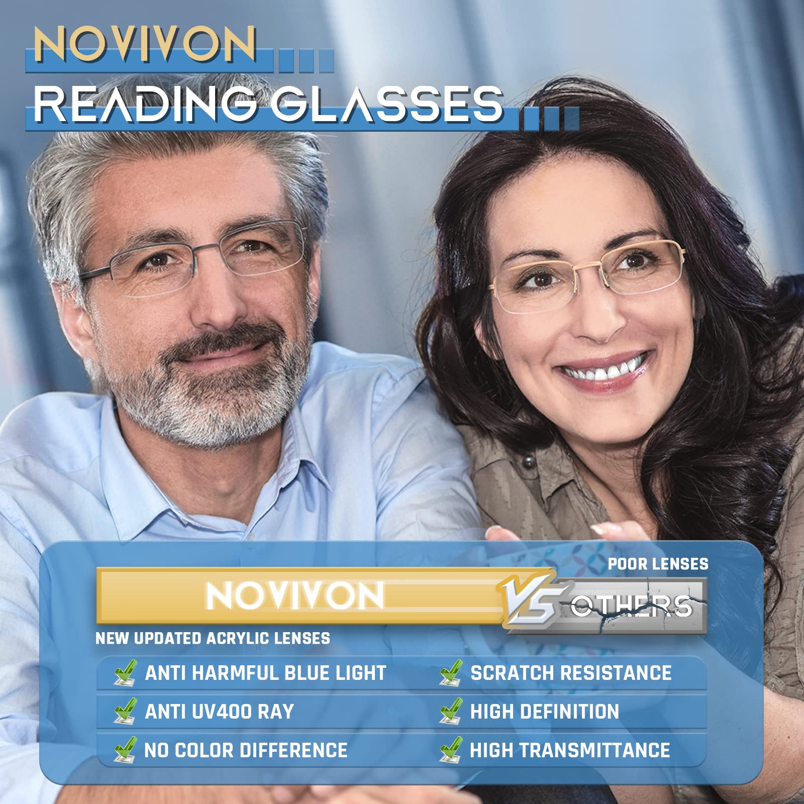 NOVIVON Reading Glasses for Men & Women - Blue Light Blocking Computer Glasses - Anti-Eye Strain Eyewear for Office Work, Screen Time & Digital Device Use