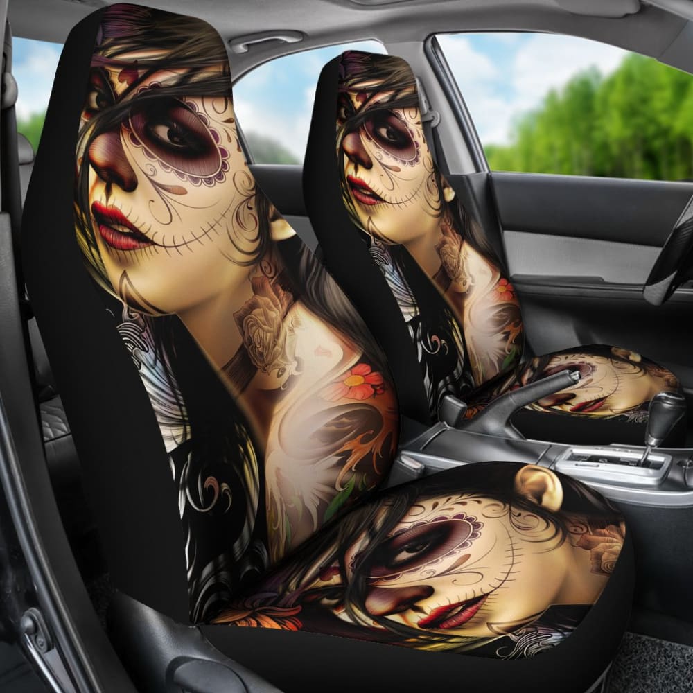 2 Pcs Sugar Skull Girl Car Seat Covers - Gothic Mexican Style Auto Accessories for Women, Universal Fit for Most Vehicles - Perfect for Halloween, Dia de Los Muertos & Car Decor