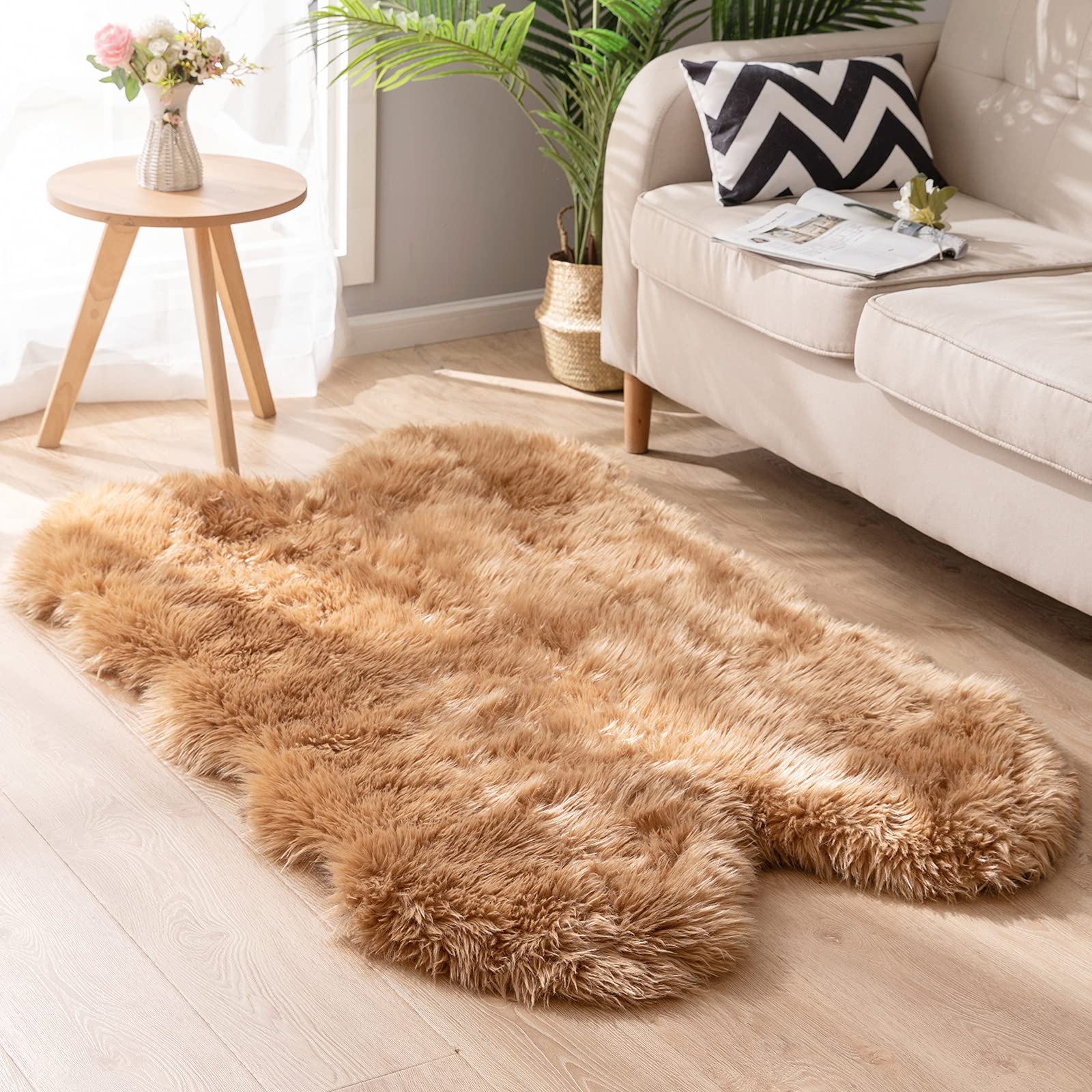 Soft Fluffy Faux Sheepskin Fur Area Rug 3x5 Feet - Plush Khaki Shaggy Rug for Bedroom, Living Room & Sofa - Cozy Home Decor, Perfect for Cold Floors & Pet-Friendly Spaces