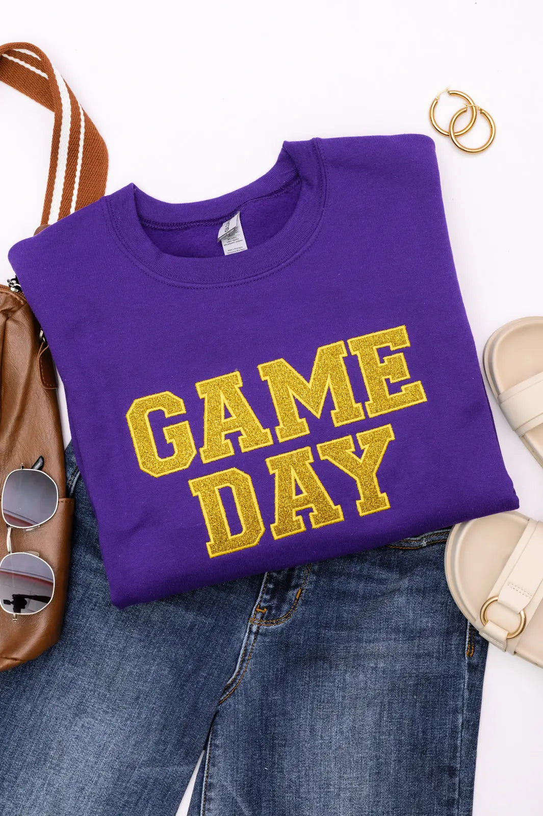 PREORDER: Embroidered Glitter Game Day Sweatshirt - Purple & Gold for Football Season | Perfect for Tailgating, College Games & Fan Apparel