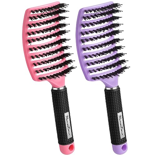 2 Pack Hommtina Detangling Hair Brush - Boar Bristle Curved Vented Wet Brush for Adults & Kids, Perfect for Curly, Thick, Long or Short Hair (Purple + Powder) | Gentle Styling for Wet & Dry Hair at Home or On-The-Go