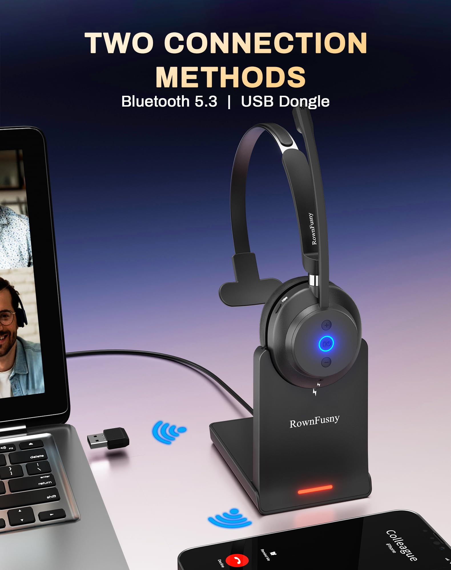 Bluetooth Wireless Headset with Microphone - Noise Cancelling Mono Headphones for PC, Laptop, Phone | USB Dongle & Bluetooth 5.3 | Ideal for Work, Zoom Meetings, Office Calls & Remote Working