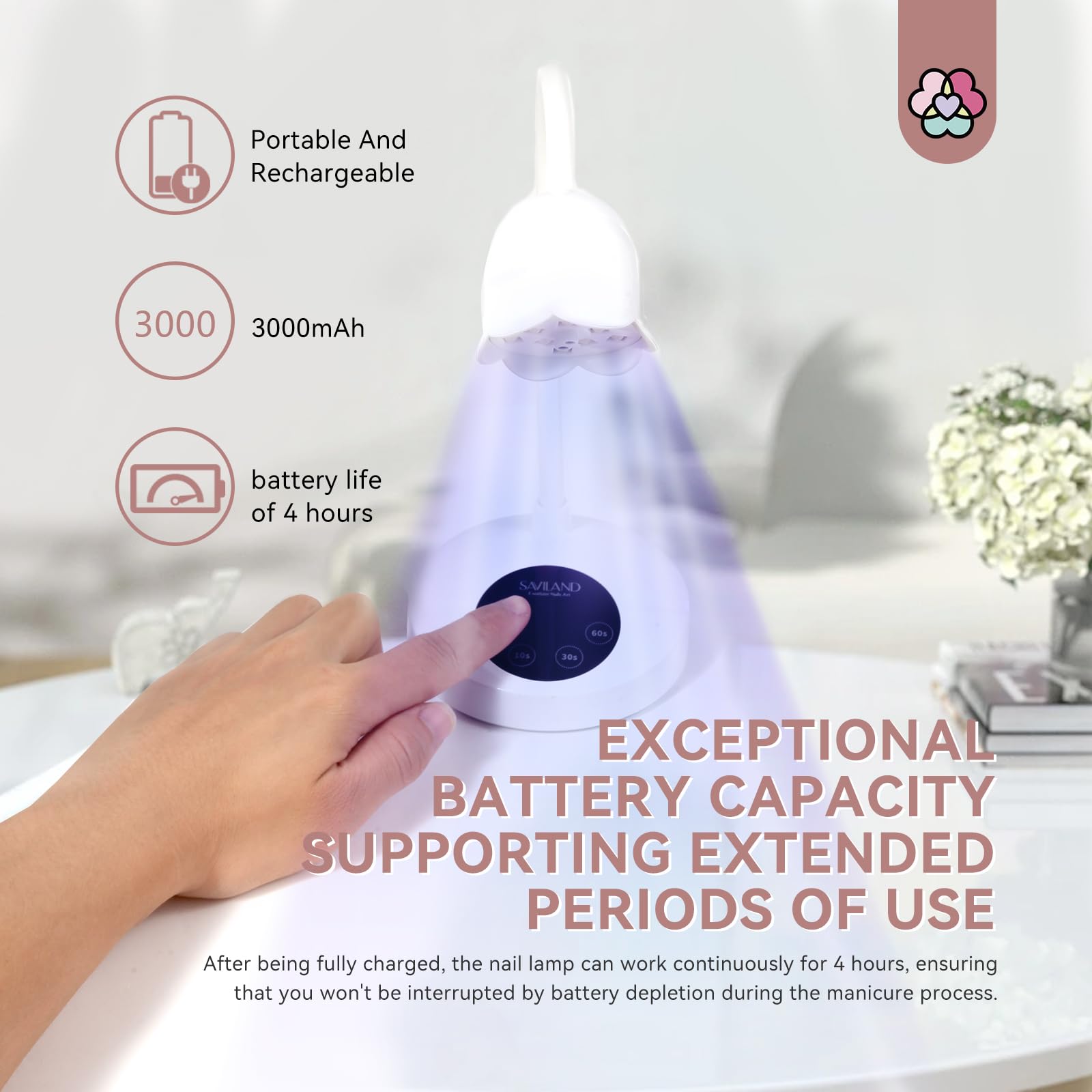 SAVILAND Intellisense 30W Cordless LED Nail Lamp - Rechargeable UV Gel Polish Dryer for Quick Drying, Portable Manicure Light for Home & Salon Use | Perfect for DIY Nail Art, Gel Extensions, and Professional Nail Treatments