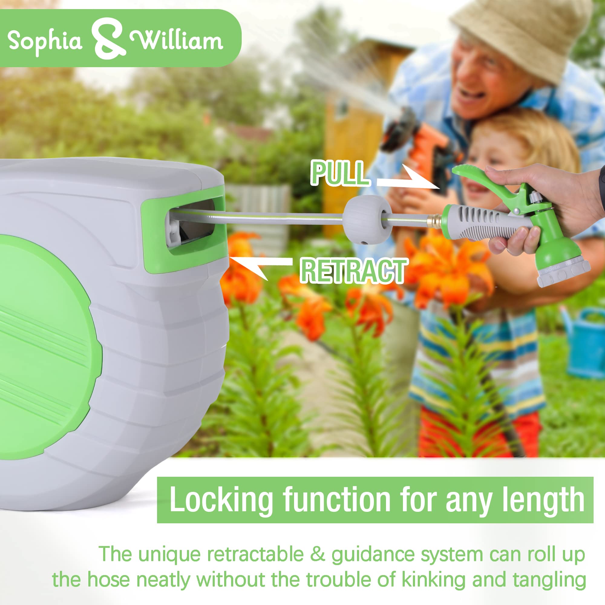Sophia & William Retractable Wall Mounted Garden Hose Reel - Heavy Duty Expandable Air Hose Storage for Lawn, Patio, and Outdoor Watering (Ideal for Gardening, Car Washing & Yard Cleaning)