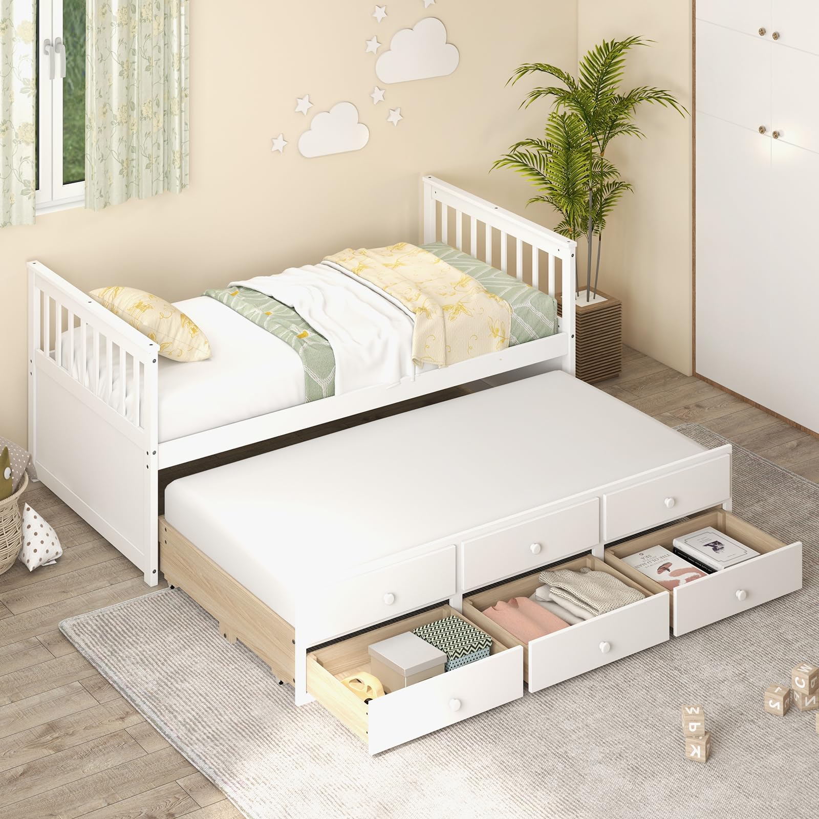 DORTALA Twin Size Trundle Bed with Storage Drawers - Wooden Daybed with Pull-Out Trundle, No Box Spring Needed, Modern Captains Bed for Kids, Teens & Adults - Perfect for Small Bedrooms, Guest Rooms & Studio Apartments (White)