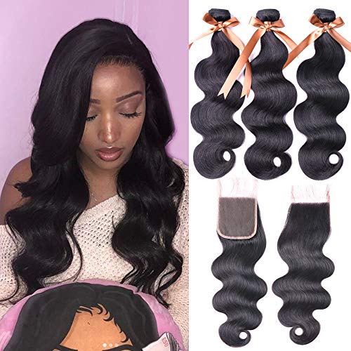 ALLRUN 100% Unprocessed Brazilian Virgin Human Hair Bundles with 4x4 Lace Closure - Body Wave Weave (14