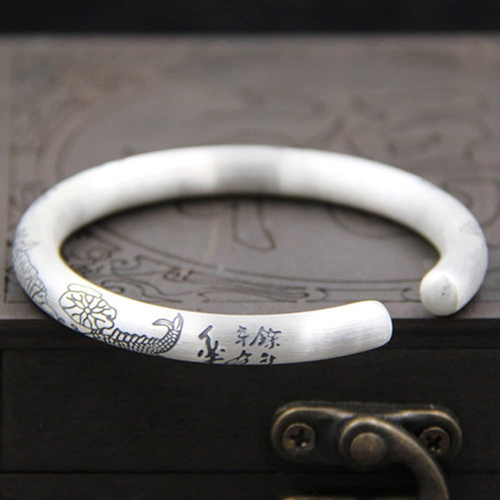 Vintage Adjustable 999 Sterling Silver Cuff Bangle Bracelet - Fish & Lotus Ethnic Design, 25G Heavy Handmade Jewelry for Men & Women | Perfect for Boho Fashion, Gift Giving & Special Occasions
