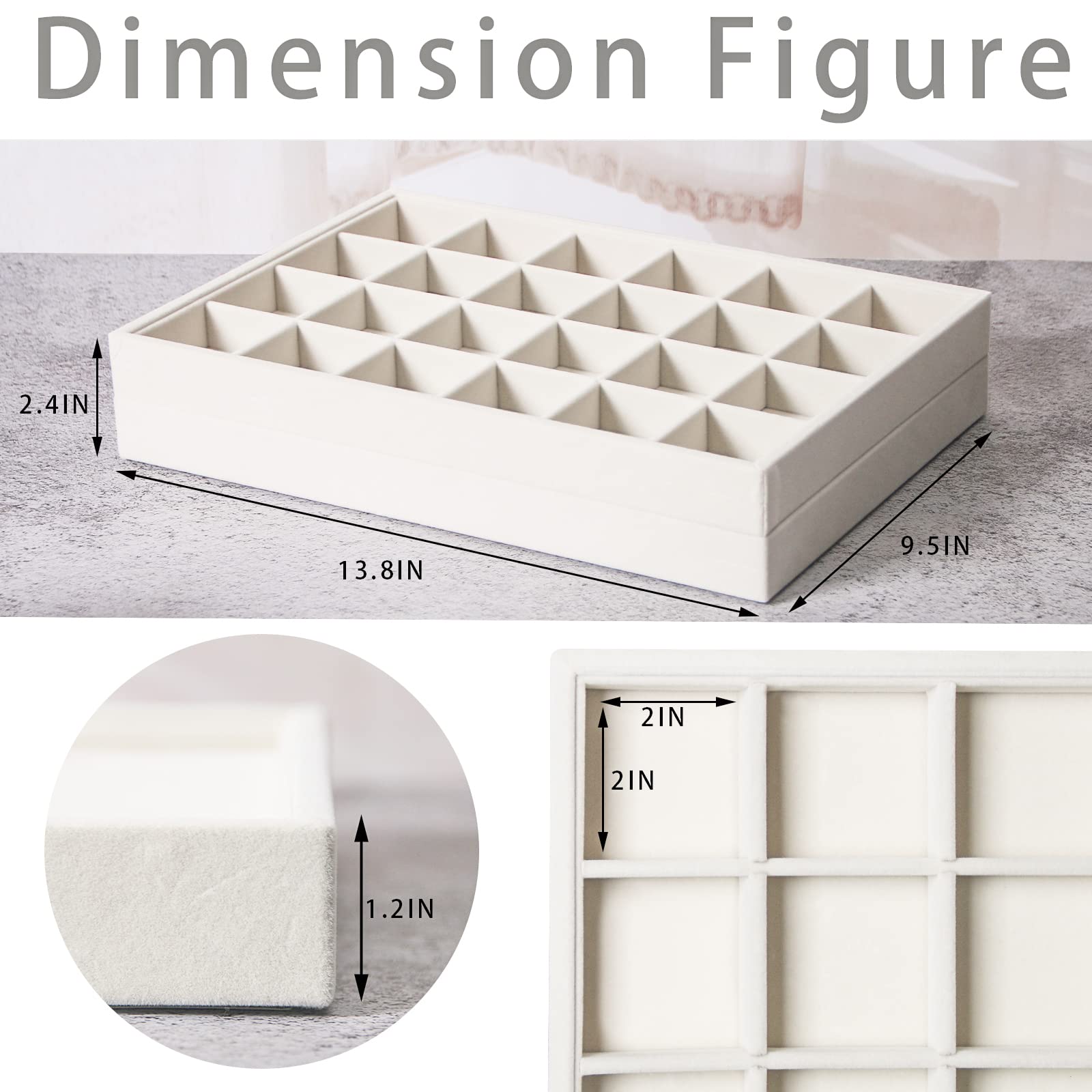2-Piece Stackable 24-Grid Jewelry Organizer Tray - Necklace, Earring, Ring & Bracelet Storage Box with Drawer - Beige Display Holder for Bedroom Vanity & Travel Accessory Organization