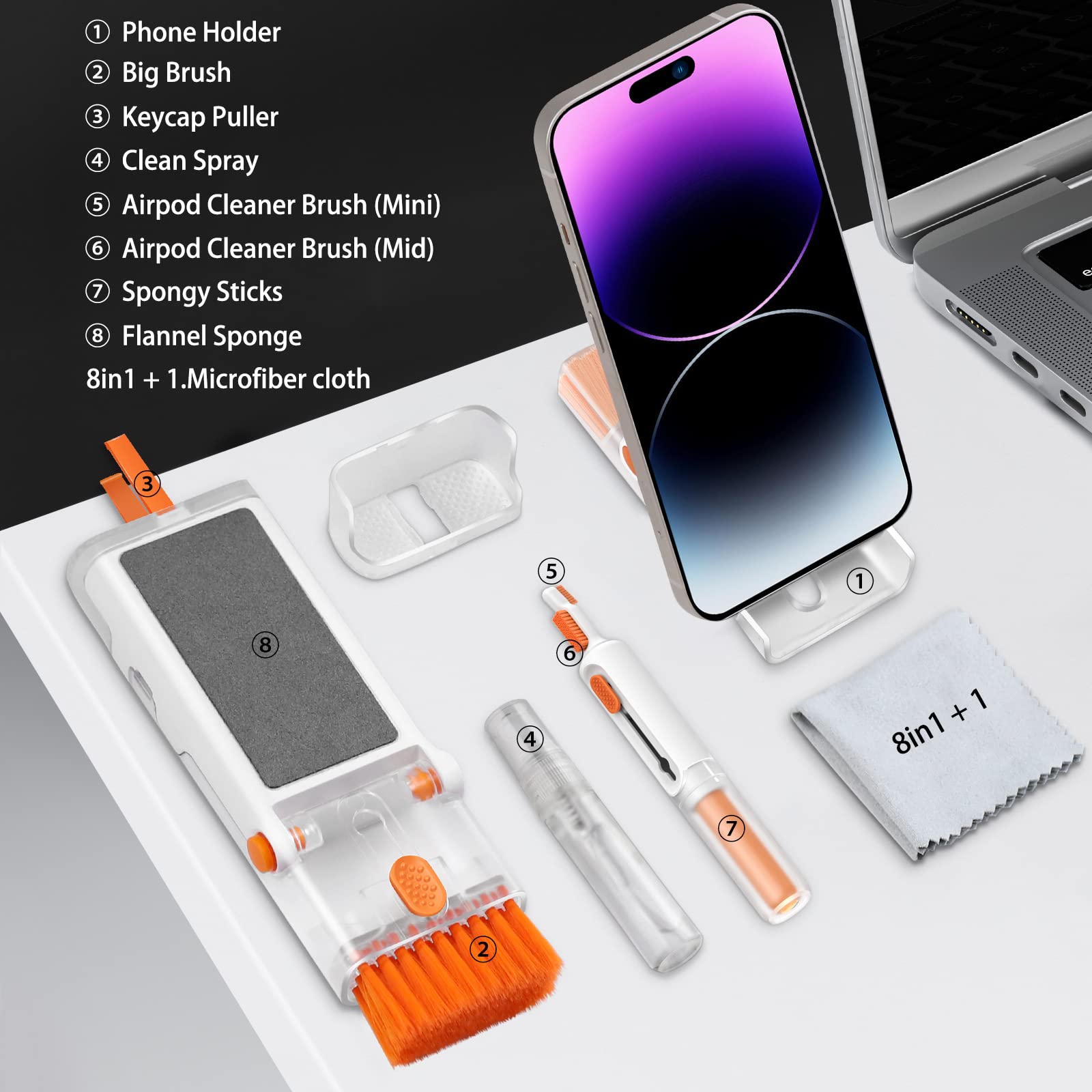 JiaTeums Keyboard Cleaner Kit with Microfiber Cloth & 5ml Mist Spray, Includes Cell Phone Stand - Ideal for Cleaning Laptops, MacBooks, iPhones, AirPods Pro, iPads, Headphones (Orange) - Perfect for Home, Office, and Travel Use