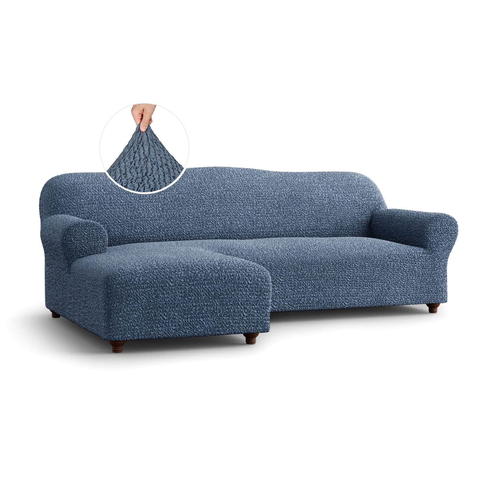 Stretch Sectional Sofa Cover - 1-Piece Form Fit L-Shaped Couch Slipcover - Soft Cotton Fabric Furniture Protector - Mille Righe Collection in Blue (Left Chase) - Perfect for Living Room, Family Room & Pet-Friendly Homes