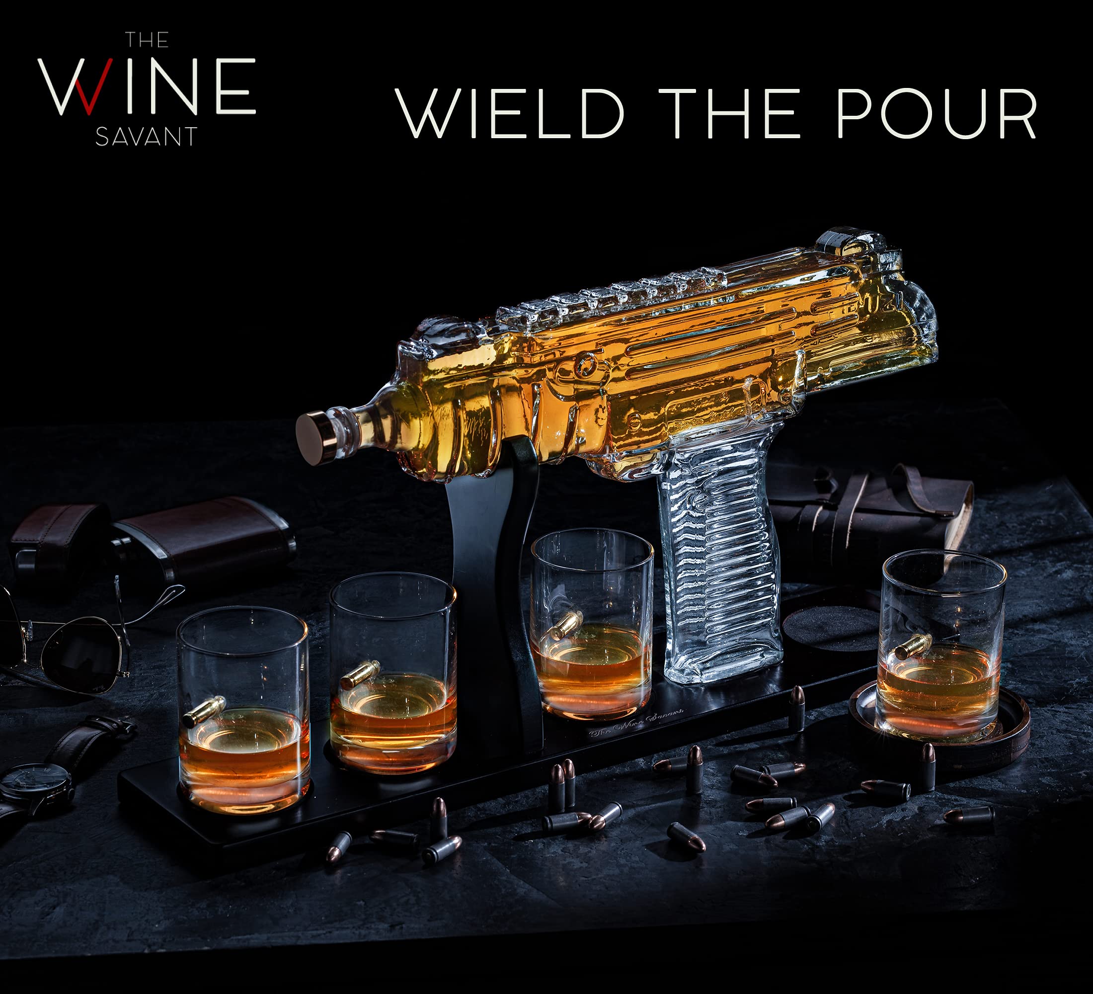 Uzi Submachine Gun Whiskey Decanter Set with 4 Glasses - Unique Gun-Themed Liquor Decanter & Glass Gift Set for Men - Perfect for Bourbon, Scotch & Whiskey Lovers - Great Shooting & Firearm Enthusiast Gift for Dad, Husband - Ideal for Birthday, Anniversary, Man Cave & Bar Decor