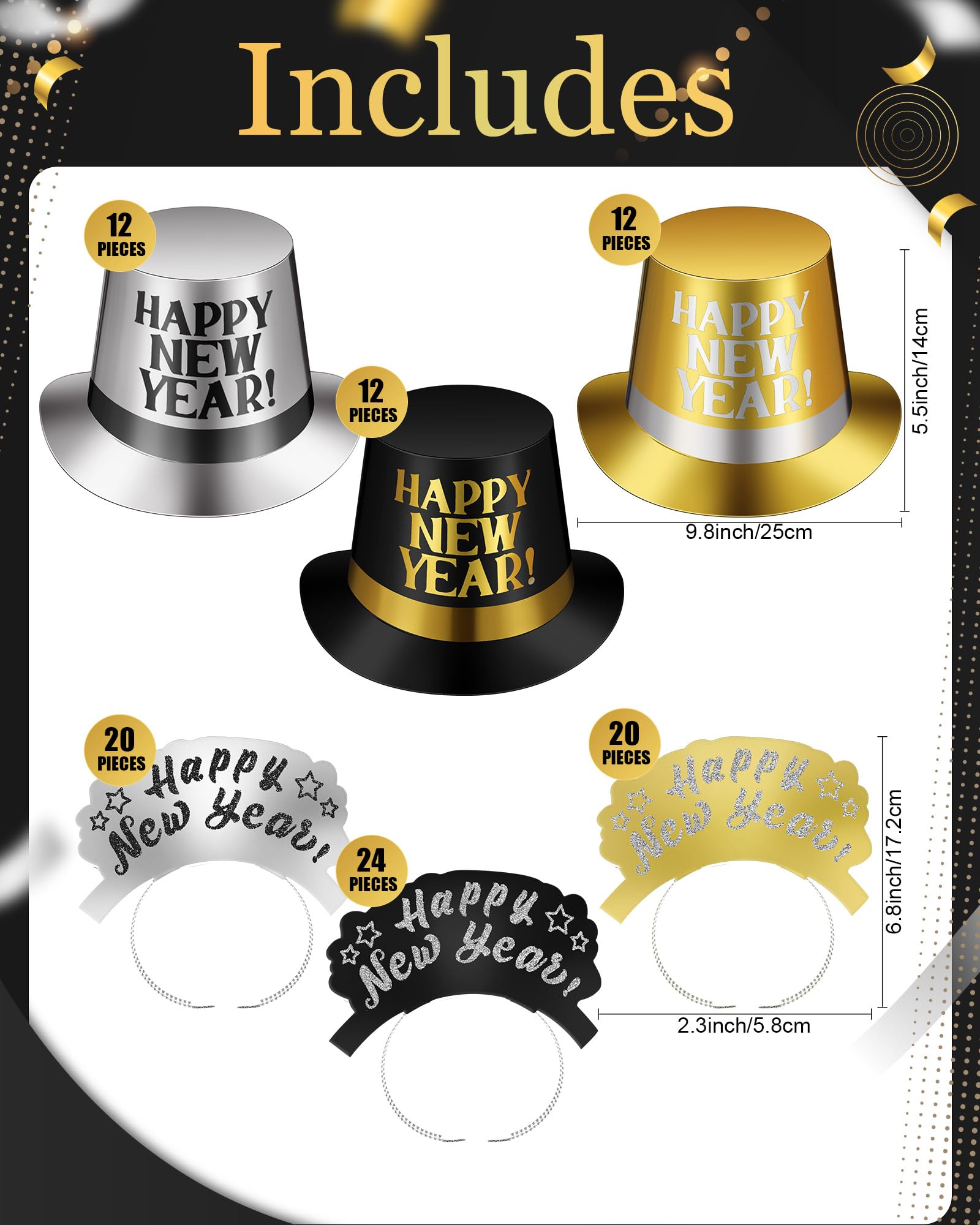 Syhood 200 Pcs New Year's Eve Party Kit 2025 - Top Hat, Headband, Tiaras & Horn Blowouts for 100 Guests | NYE Celebration, Countdown Party, Ball Drop Event Supplies
