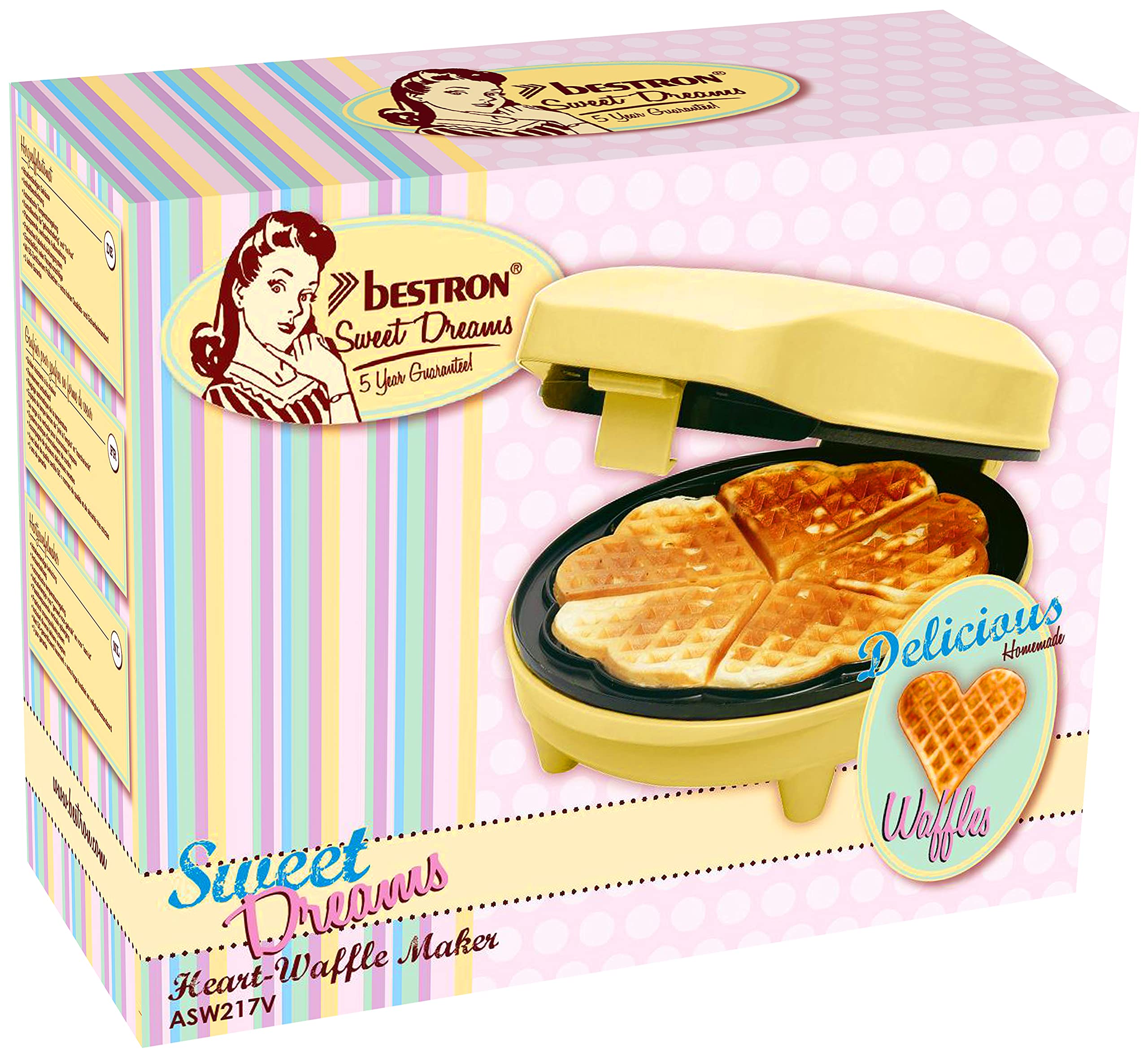 Bestron Heart-Shaped Waffle Maker - Non-Stick Electric Waffle Iron with LED Indicator, 700W, Yellow (Sweet Dreams Collection) - Perfect for Breakfast, Brunch, and Romantic Date Mornings
