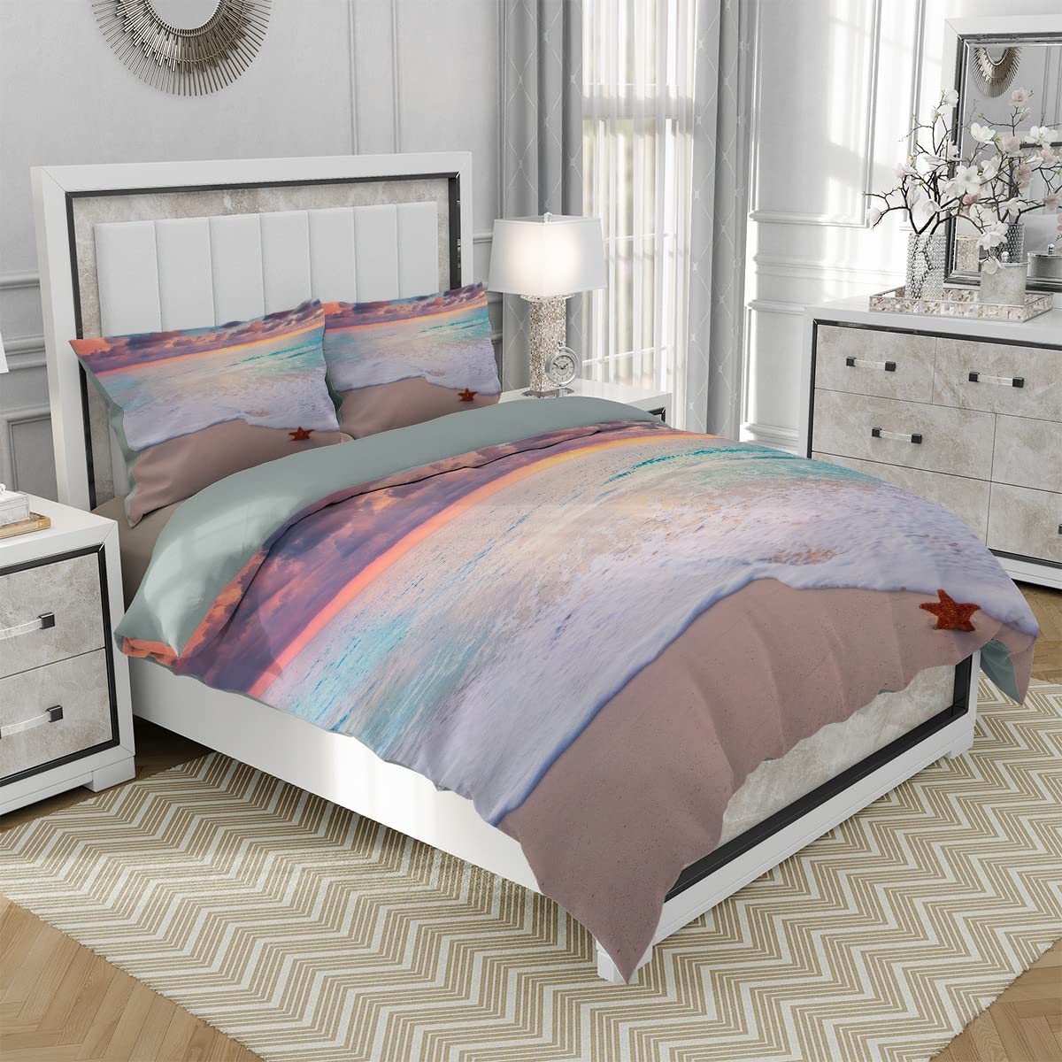 Sunrise Starfish Waves Beach Duvet Cover Set - Twin Size 3-Piece Soft Microfiber Bedding for Kids, Boys & Teens | Coastal Seaside Sand Theme with 2 Pillowcases | Perfect for Beach House, Vacation Rental & Nautical Bedroom Decor