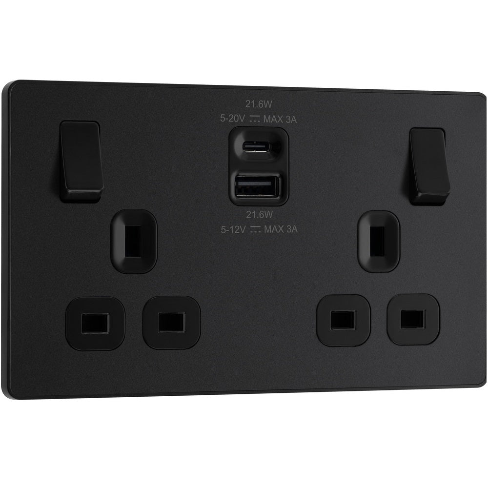 BG Evolve Matt Black 13A Double USB Socket with 22W A+C Ports PCDMB22UAC22B - Fast Charging Power Outlet for Home, Office & Travel