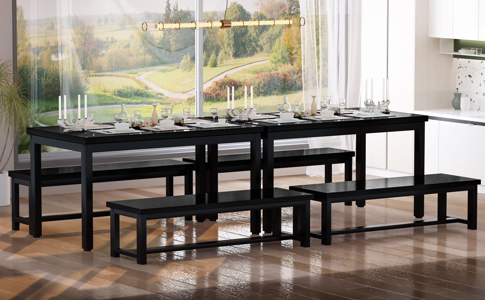 AWQM 43.3 Inch 4-Person Dining Table Set with 2 Benches - Sturdy Metal Frame & Thickened Wood Top - Perfect for Kitchen, Restaurant, Cafe, or Small Space Dining - Black Modern Furniture